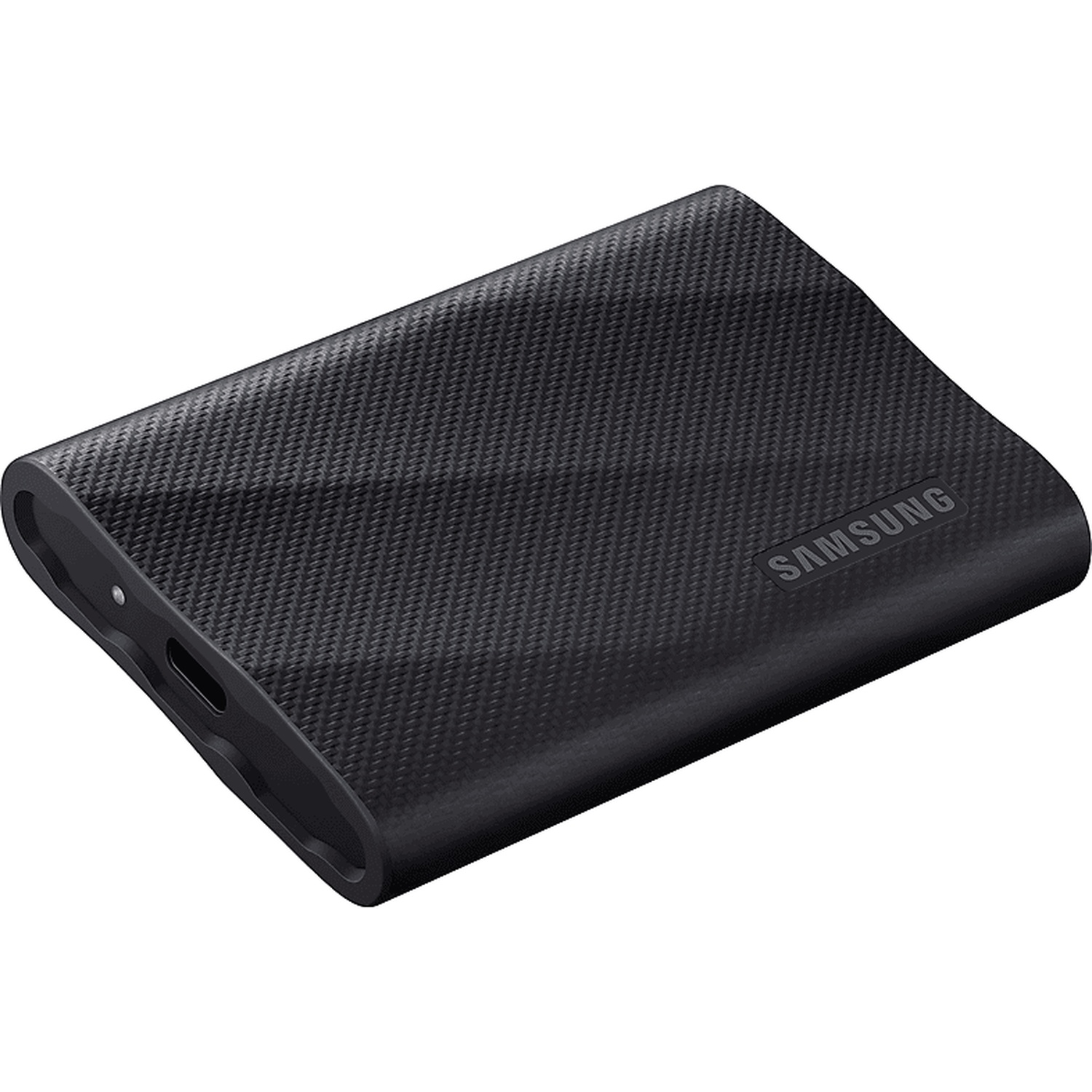 Black Samsung external SSD with carbon pattern and USB-C port.