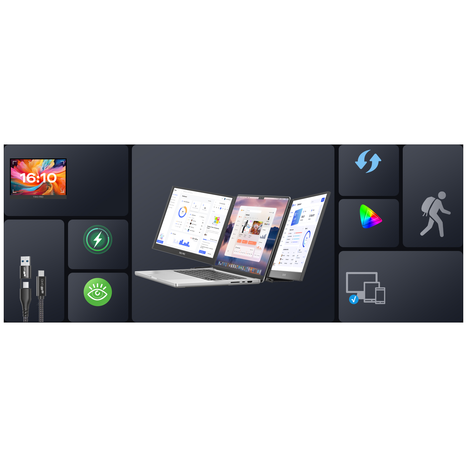 Laptop with three screens, cables, and icons for power and eyes.