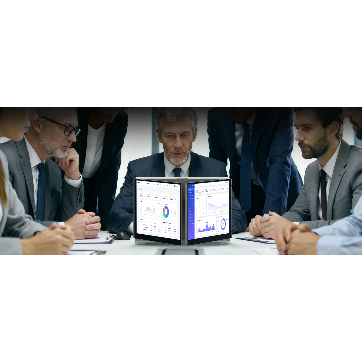 Business people in a meeting room look at a screen displaying charts.