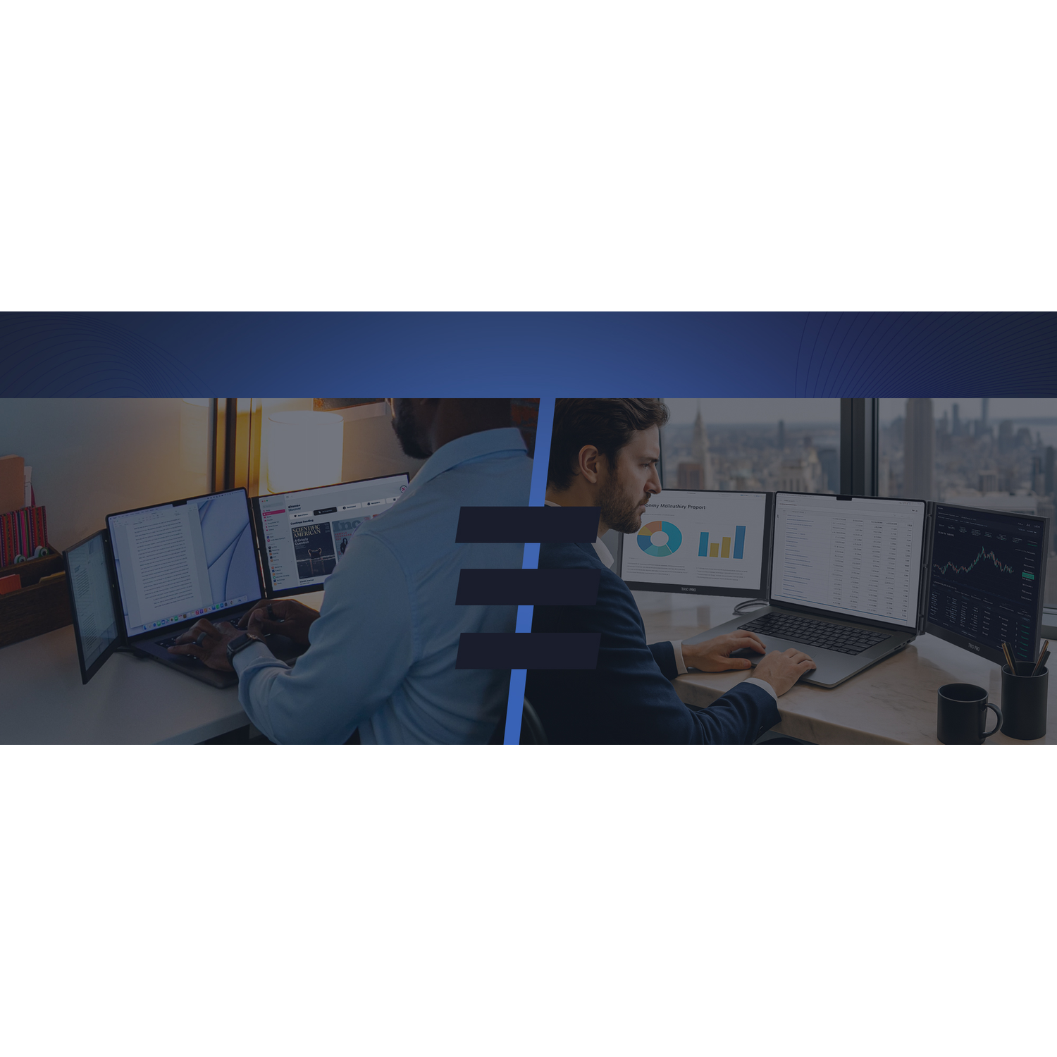 Two men work on multi-screen computers in an office overlooking a city.