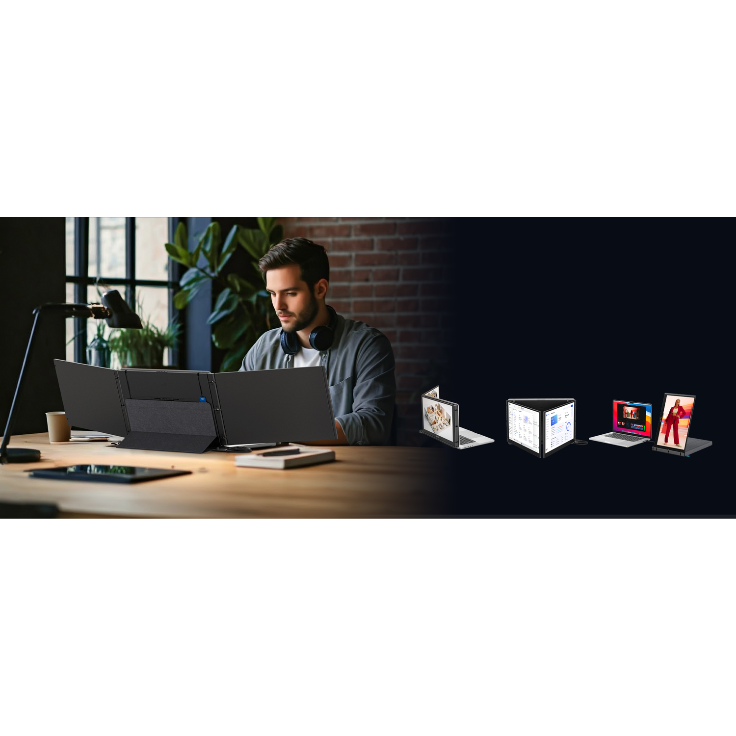 Man with headphones works at three monitors. Laptops with screens are nearby.