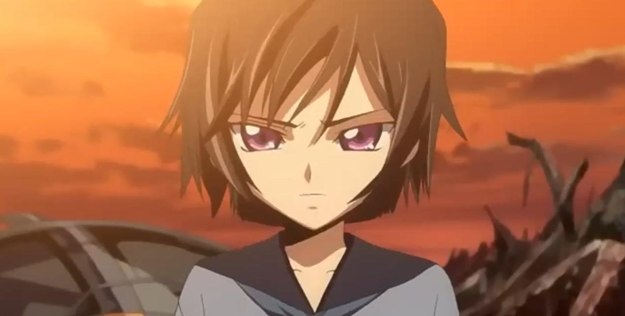 Anime-Mädchen mit violetten Augen blickt ernst in eine orangefarbene Dämmerung.