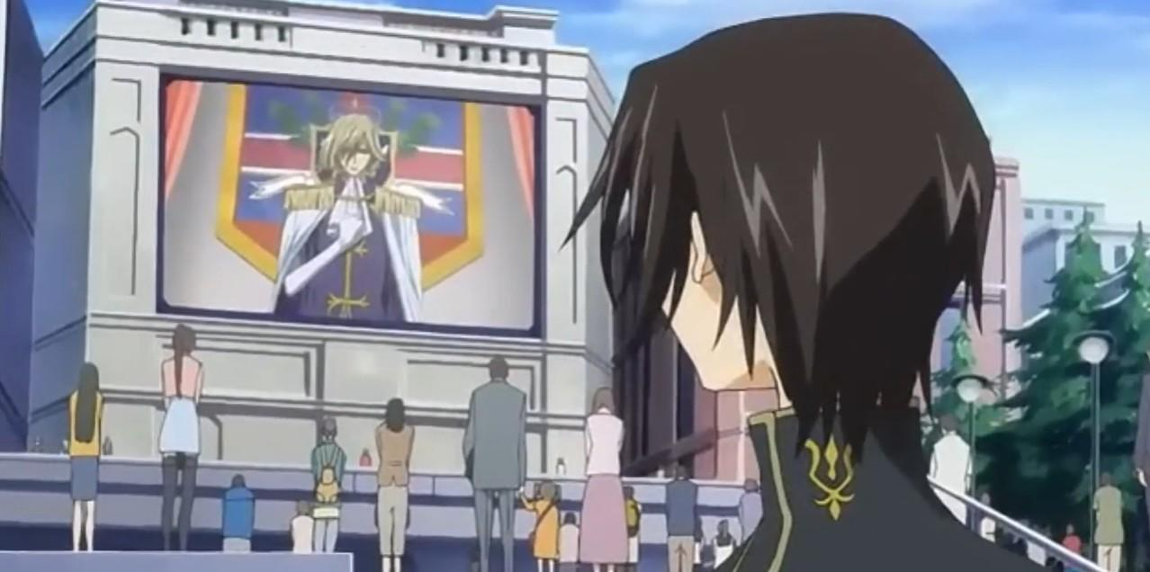 Ein Mann im Anime-Stil blickt auf eine große Leinwand, die einen Mann in Uniform zeigt.