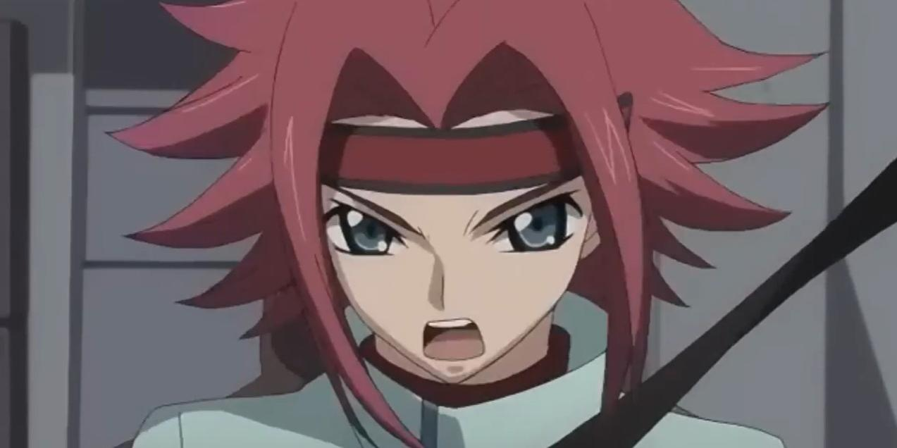 Ein Anime-Charakter mit roten Haaren und einem Stirnband, der spricht.