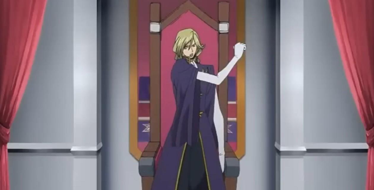 Ein Mann mit blonden Haaren sitzt auf einem Thron in einem lila Mantel.