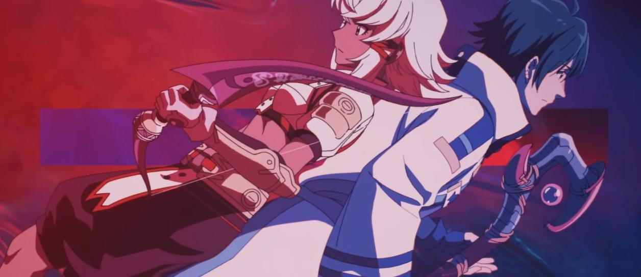 Zwei Anime-Charaktere mit Waffen, roter und blauer Hintergrund.