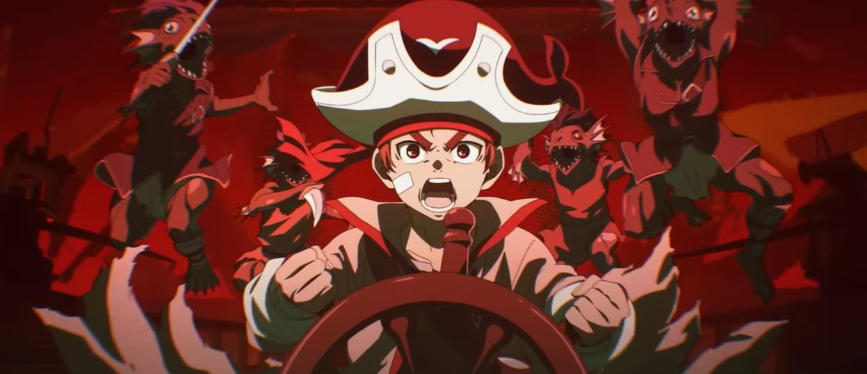 Ein Piratenjunge mit Bandagen steuert ein Schiff, umgeben von roten Monsterpiraten.