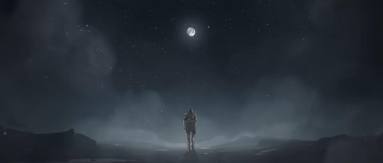 Eine einsame Figur steht unter einem Vollmond und Sternenhimmel.