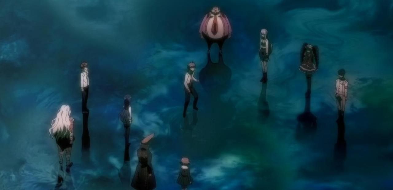 Anime-Charaktere stehen auf einer spiegelnden Oberfläche in einer mysteriösen blauen Umgebung.
