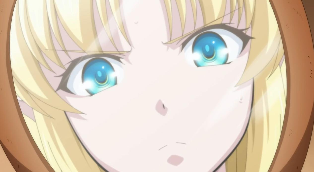 Nahaufnahme eines Anime-Mädchens mit blonden Haaren und blauen Augen.