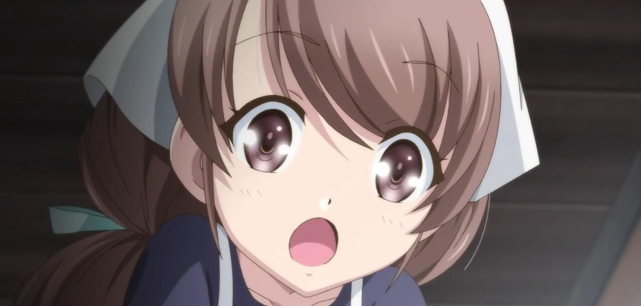 Ein anime-Mädchen mit braunen Haaren und großen Augen schaut überrascht.