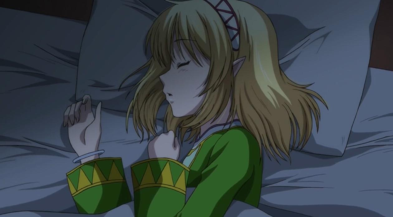 Ein Anime-Mädchen mit blondem Haar und Elf-Ohren schläft auf einem Kissen.