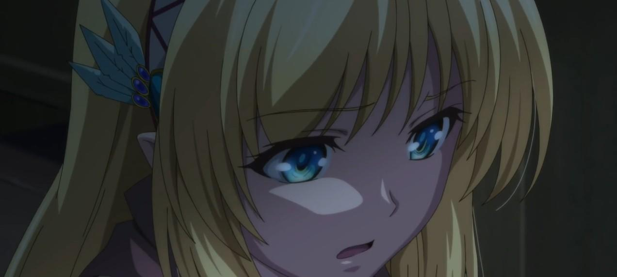 Anime-Mädchen mit blonden Haaren und blauen Augen, trägt eine Feder-Haarspange.