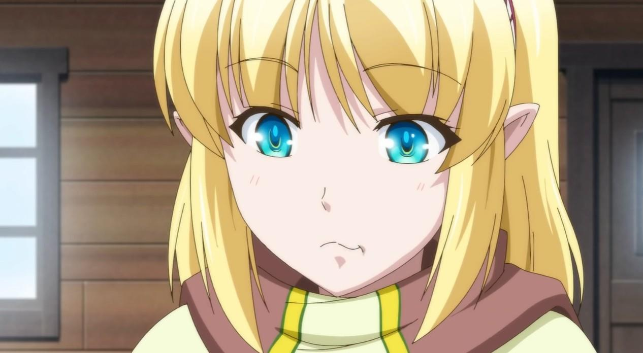 Ein Anime-Mädchen mit blonden Haaren und blauen Augen, das verärgert aussieht.