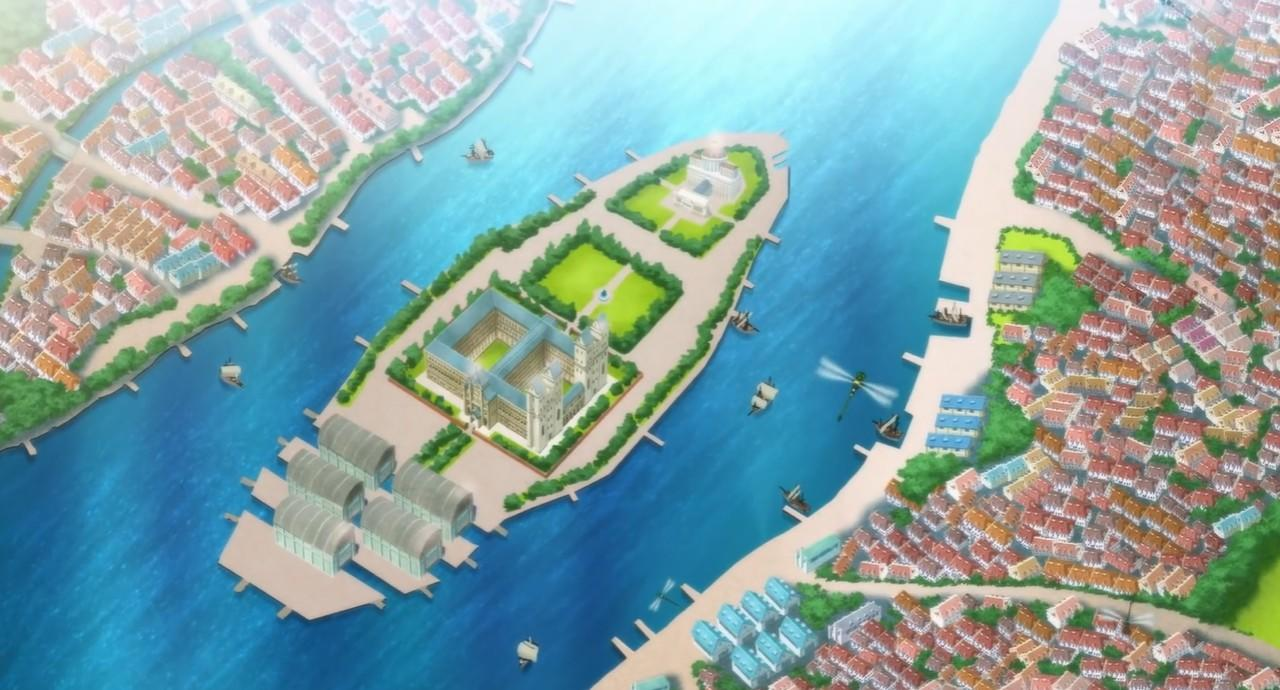 Luftaufnahme einer Stadt mit Kanälen, Gebäuden und Schiffen.