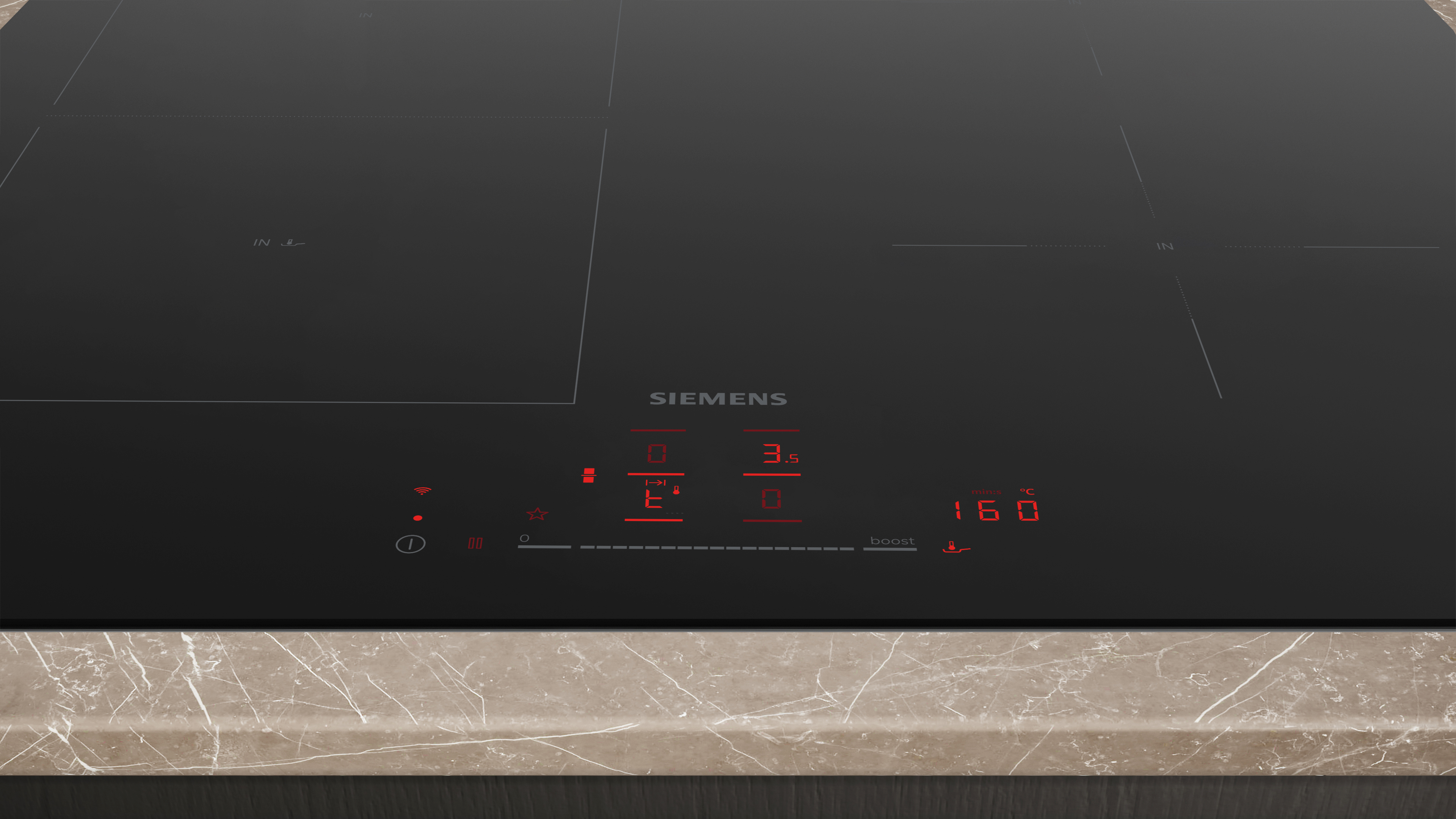 Schwarze Siemens Kochfeld mit rotem Digitaldisplay und Marmorplatte.