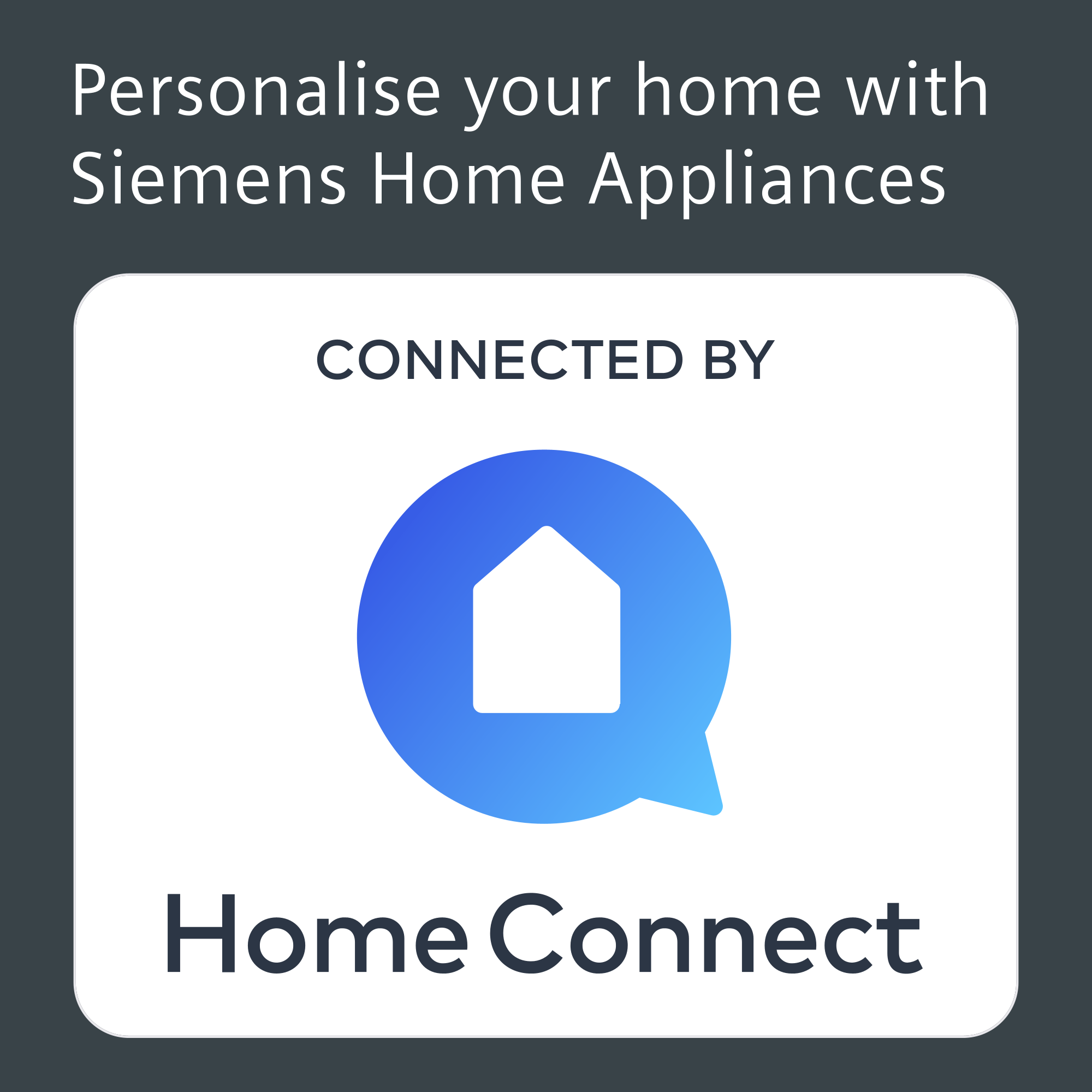 Logo mit Haus-Symbol in Sprechblase, verbunden mit Home Connect.