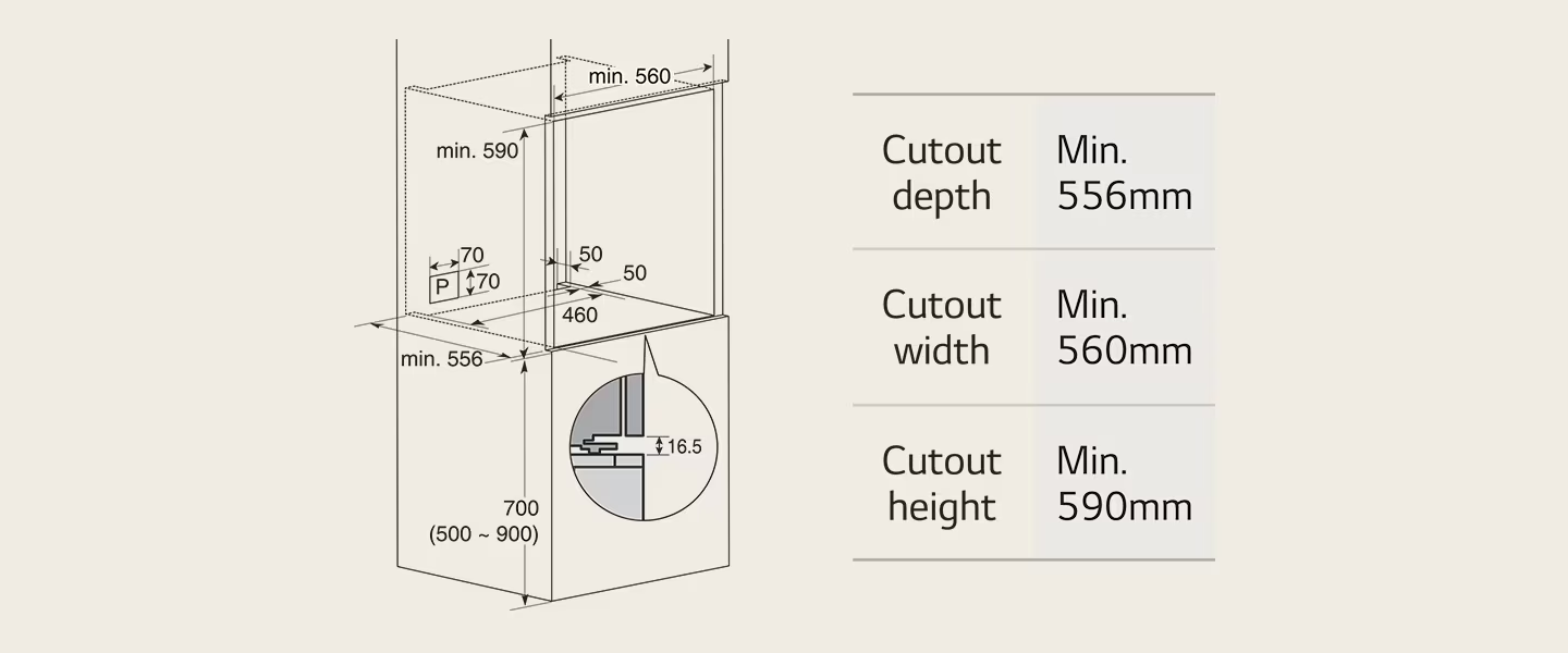 Műszaki rajz kivágási méretekkel: mélység 556mm, szélesség 560mm, magasság 590mm.