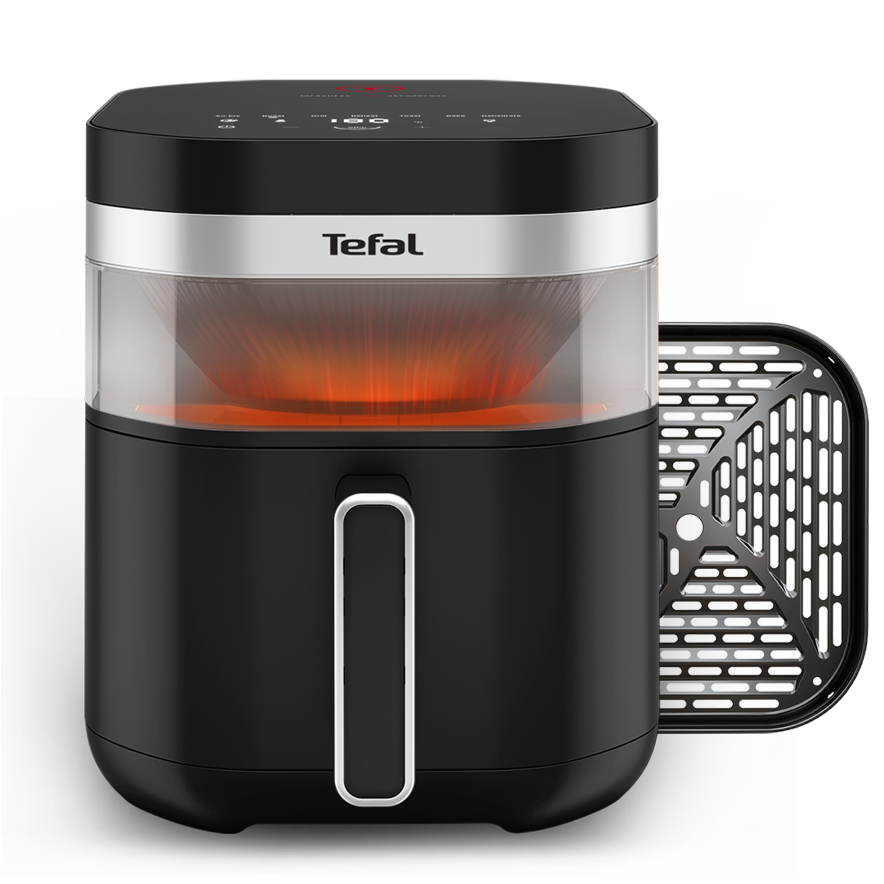 Czarna frytkownica Tefal z przezroczystą misą ukazującą pomarańczowe elementy grzewcze. Obok kosz grillowy.