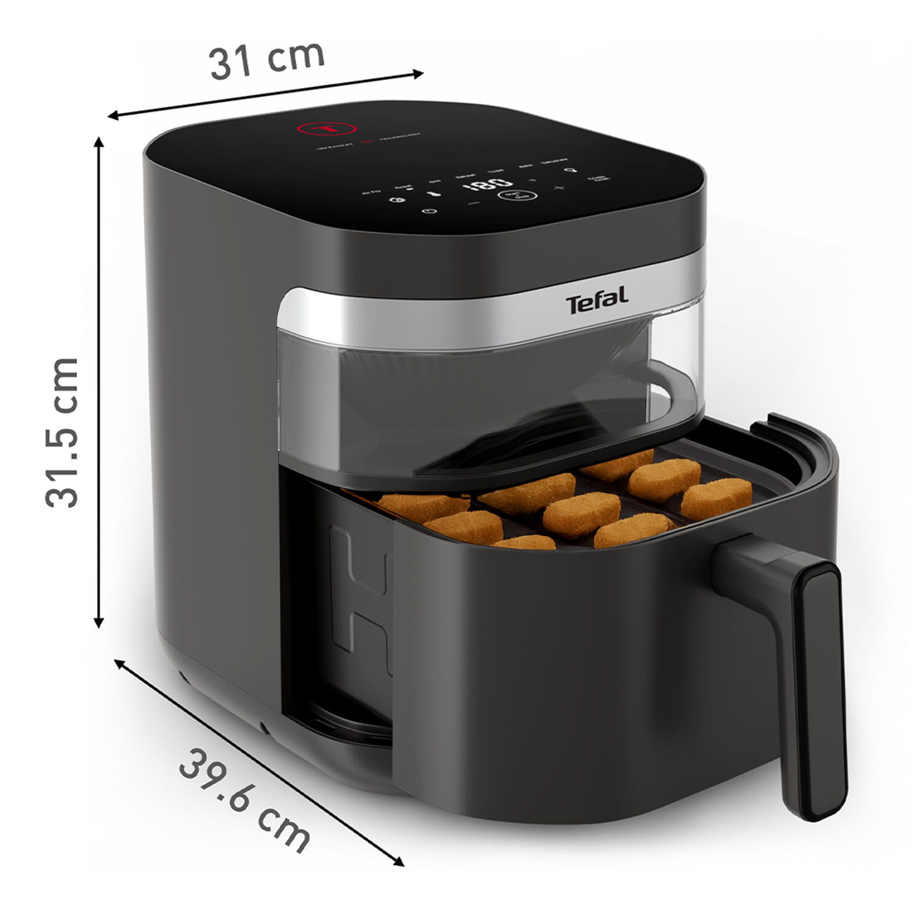 Czarna frytkownica beztłuszczowa z koszem na nuggetsy, wymiary 31x31,5x39,6 cm.