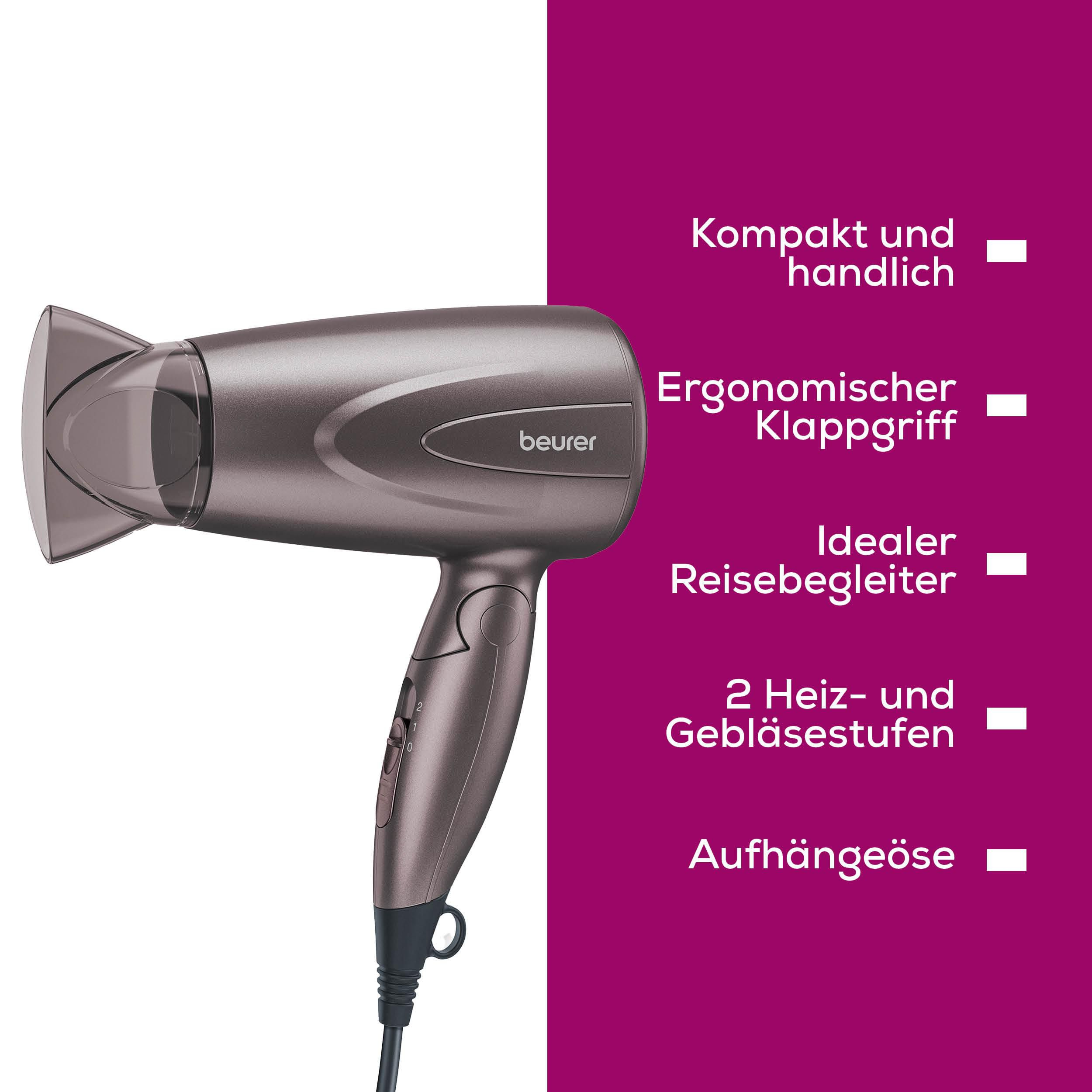 Ein kompakter, grauer Haartrockner mit faltbarem Griff und Aufhängeöse.