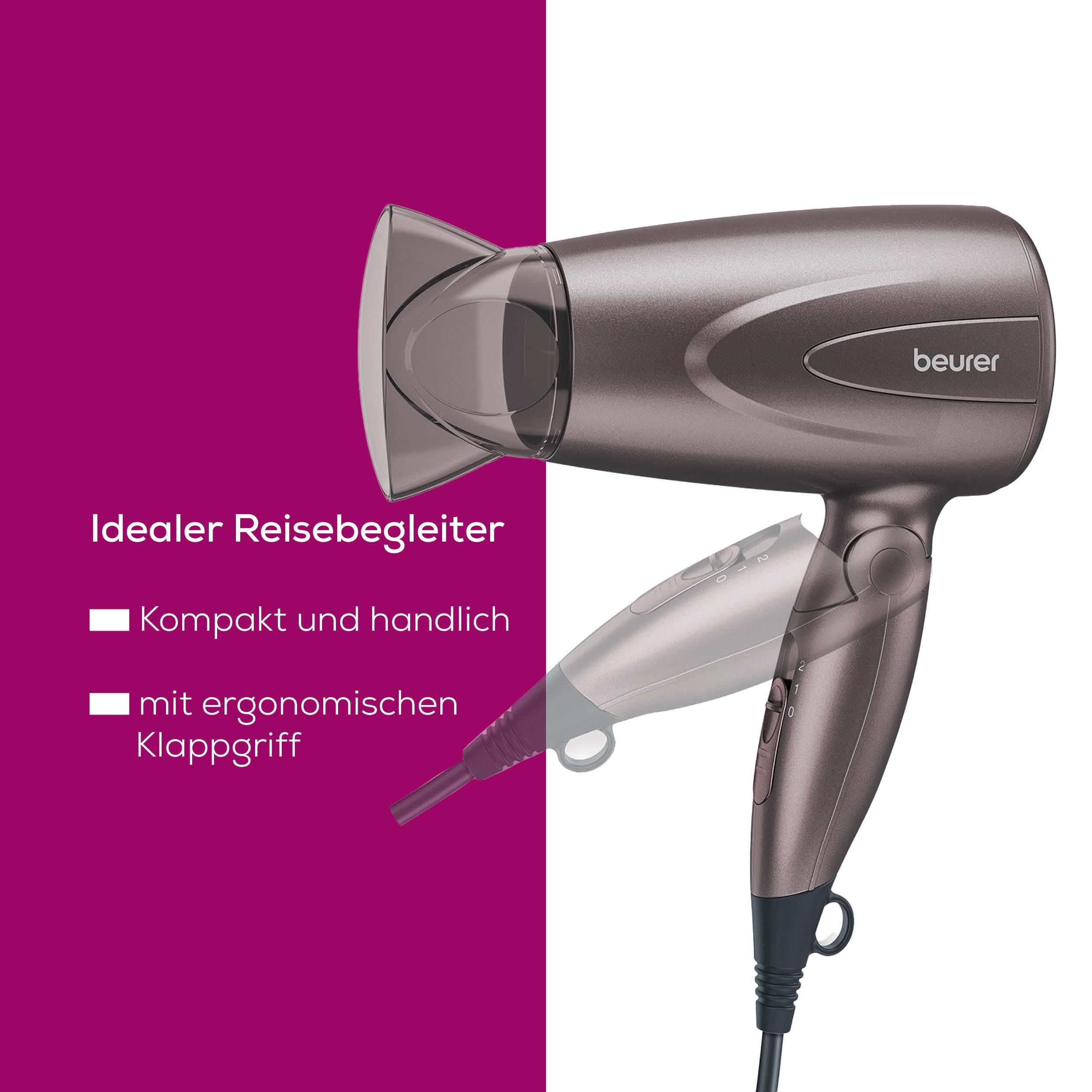 Brauner Reisehaartrockner mit klappbarem Griff und Beurer-Logo.