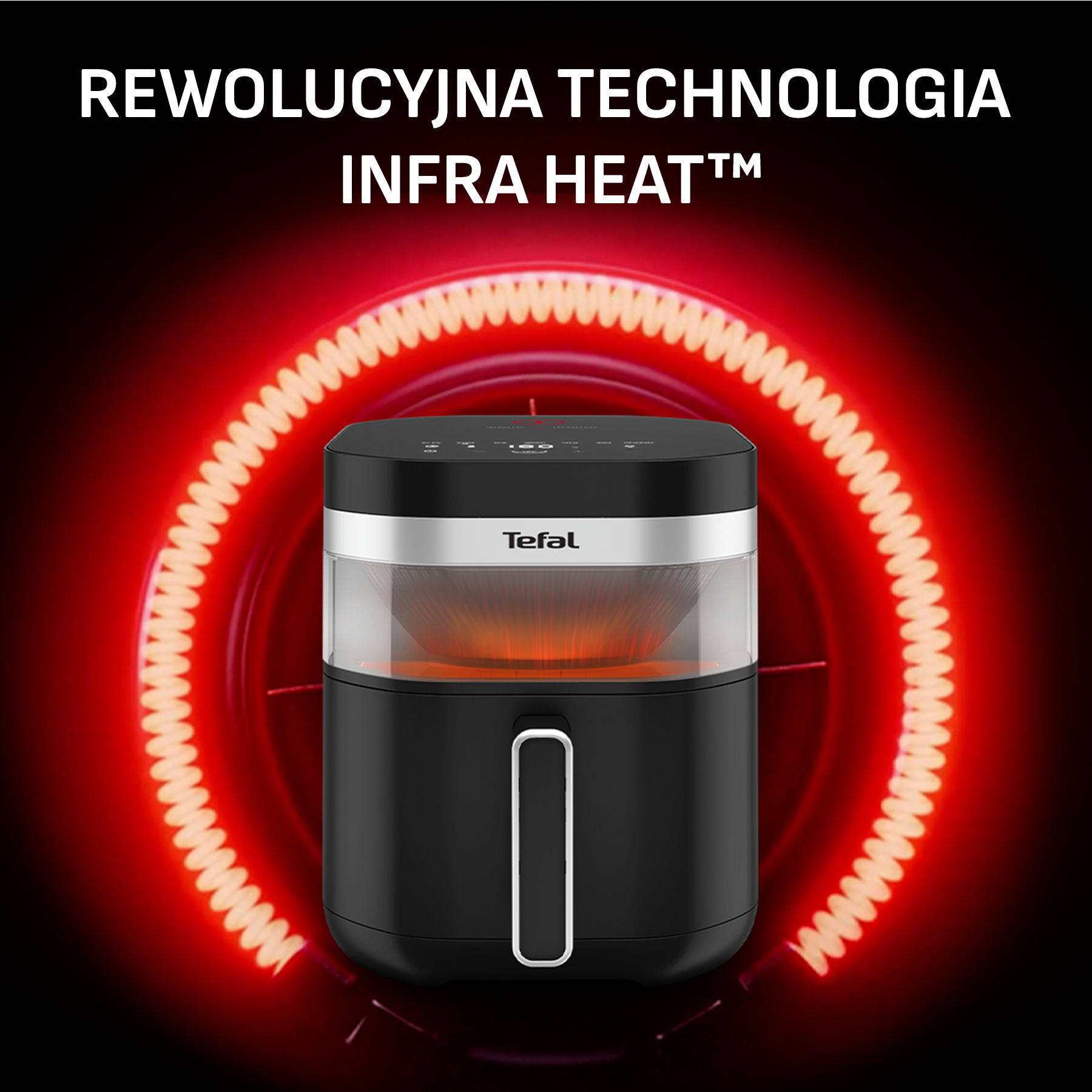 Czarna frytkownica Tefal z czerwonym, żarzącym się elementem grzewczym.