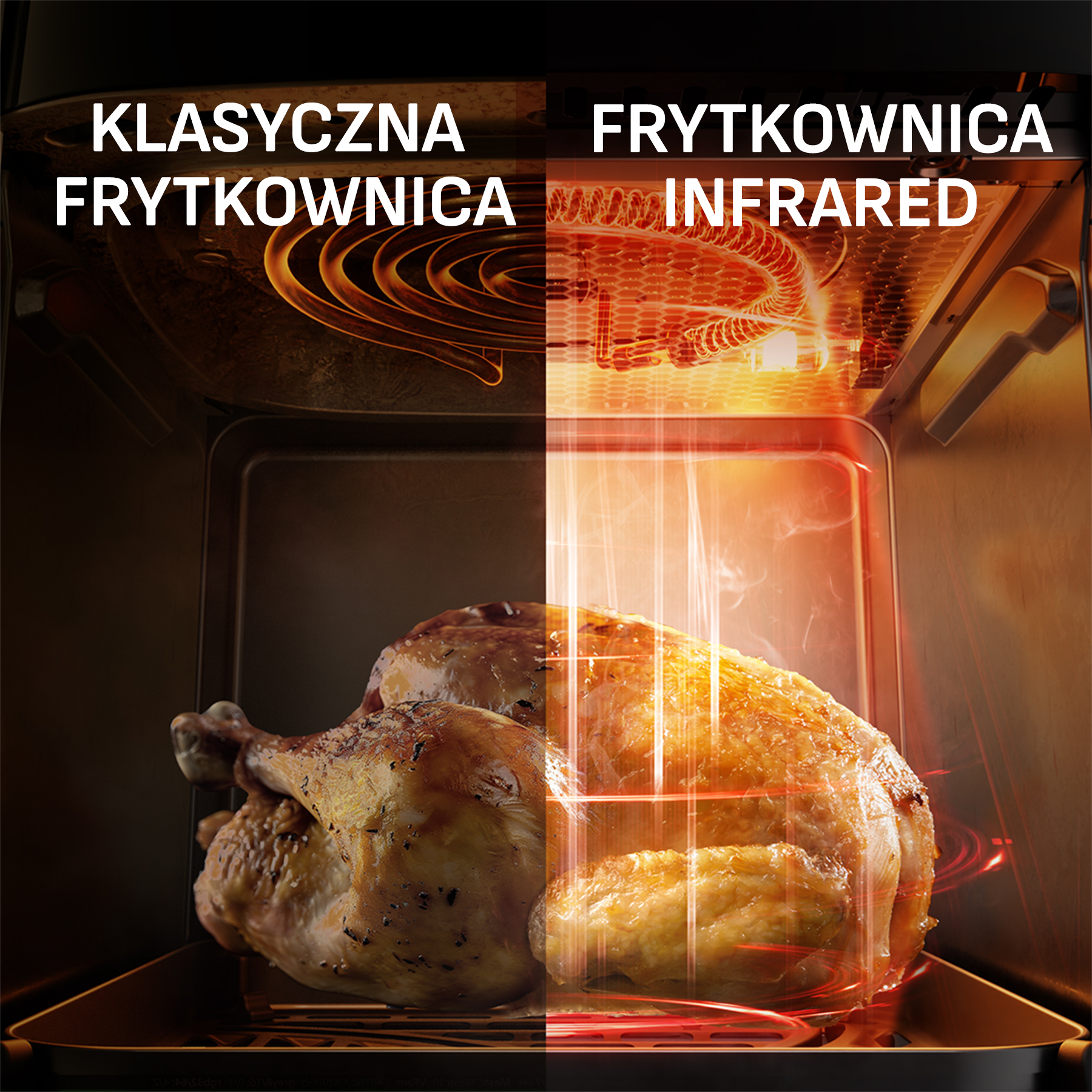 Pieczony kurczak w piekarniku, klasycznie po lewej, na podczerwień po prawej.