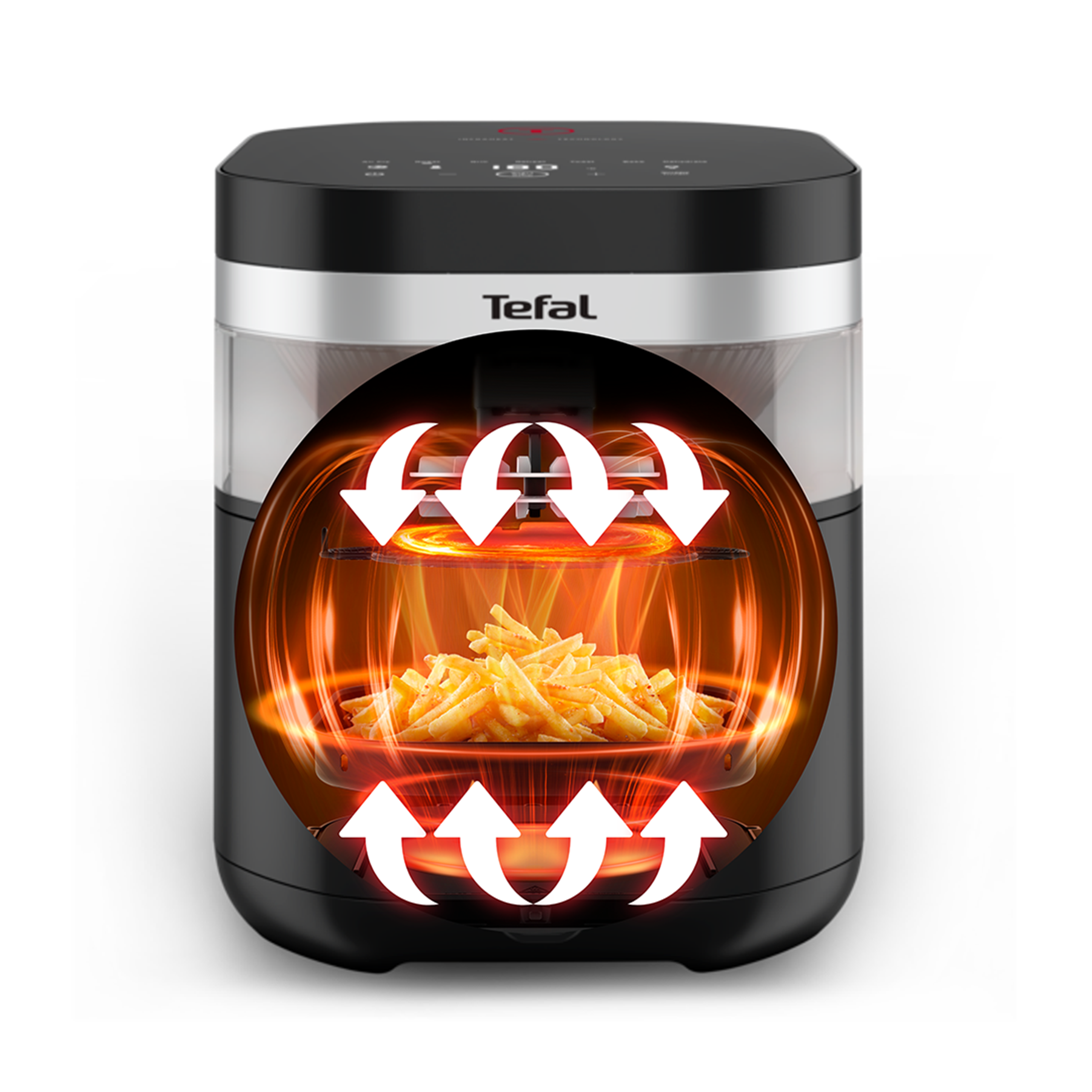 Frytkownica Tefal z frytkami i strzałkami przepływu powietrza.