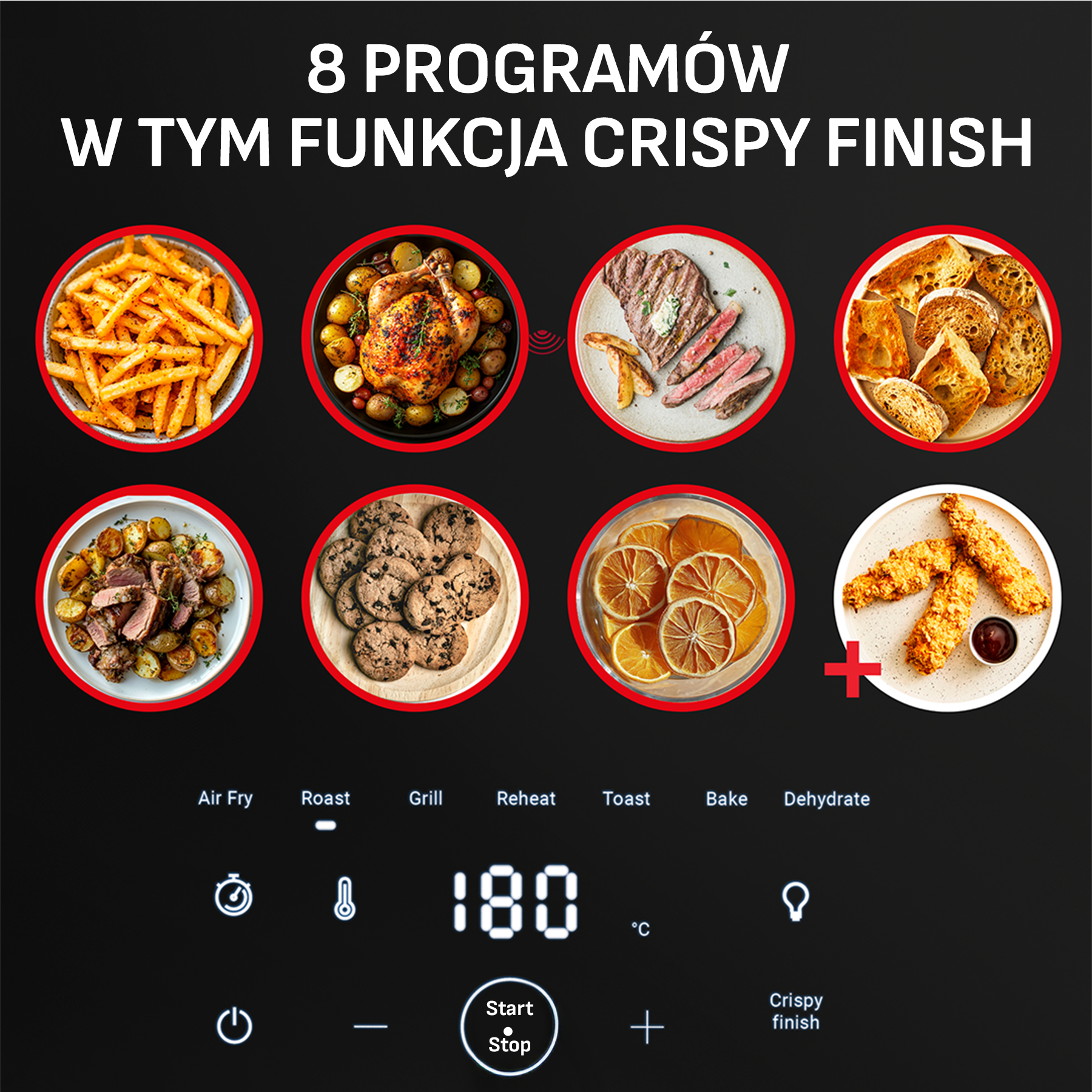 Cyfrowy wyświetlacz pokazuje 8 programów kulinarnych ze zdjęciami jedzenia: frytki, kurczak, stek, chleb, mięso, ciastka, pomarańcze i paski kurczaka.