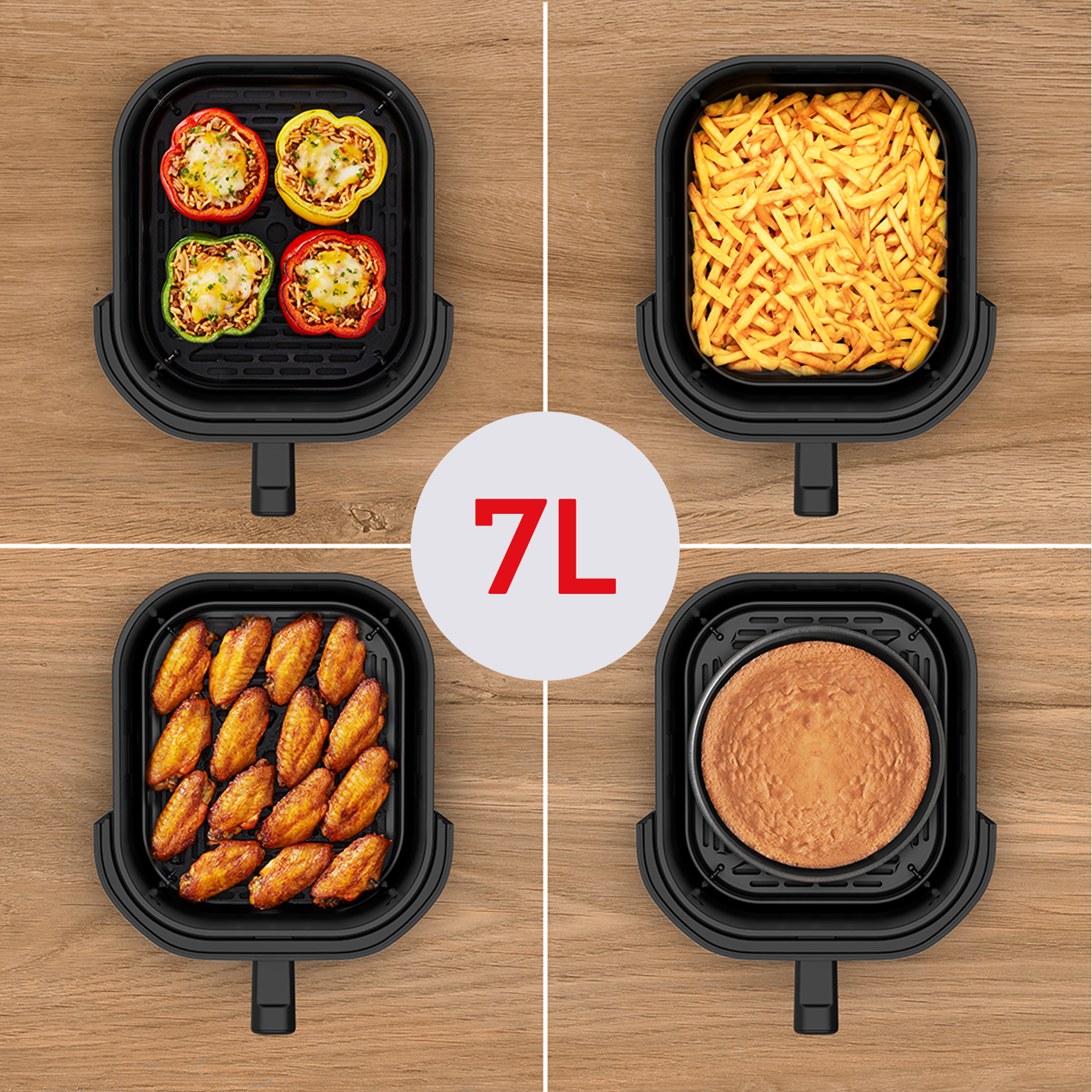 Cztery kwadraty: papryki faszerowane, frytki, skrzydełka kurczaka i ciasto w frytkownicy.