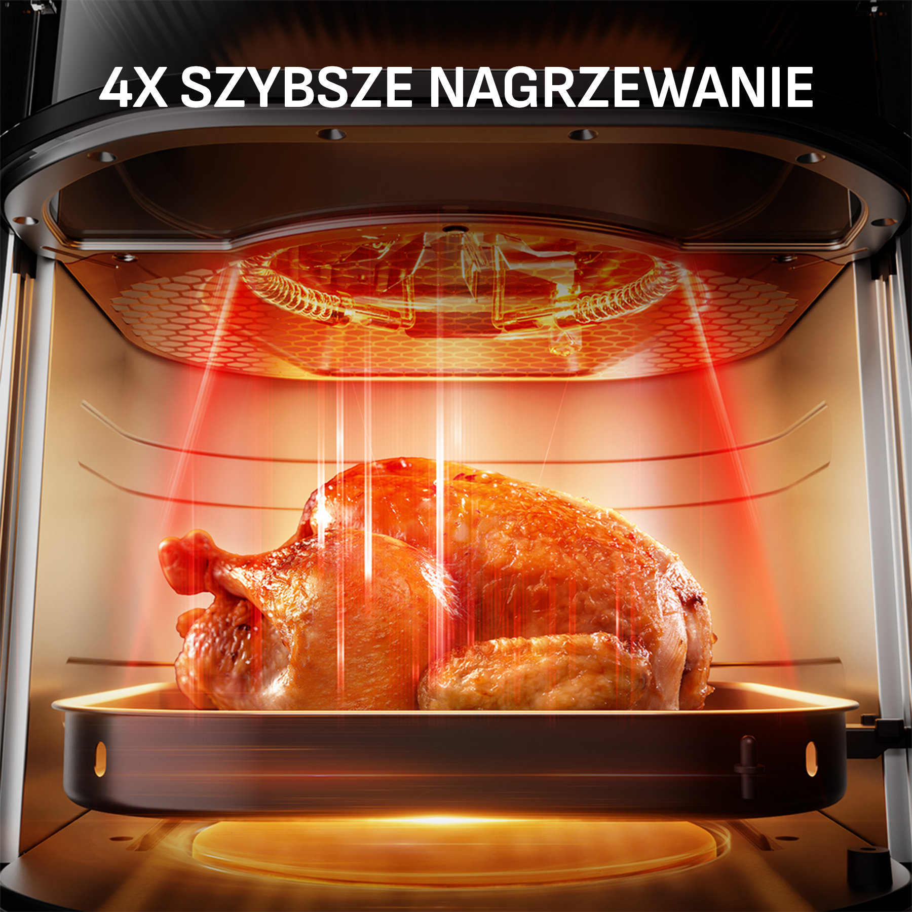 Złocisty pieczony kurczak na patelni, oświetlony czerwonymi promieniami ciepła.