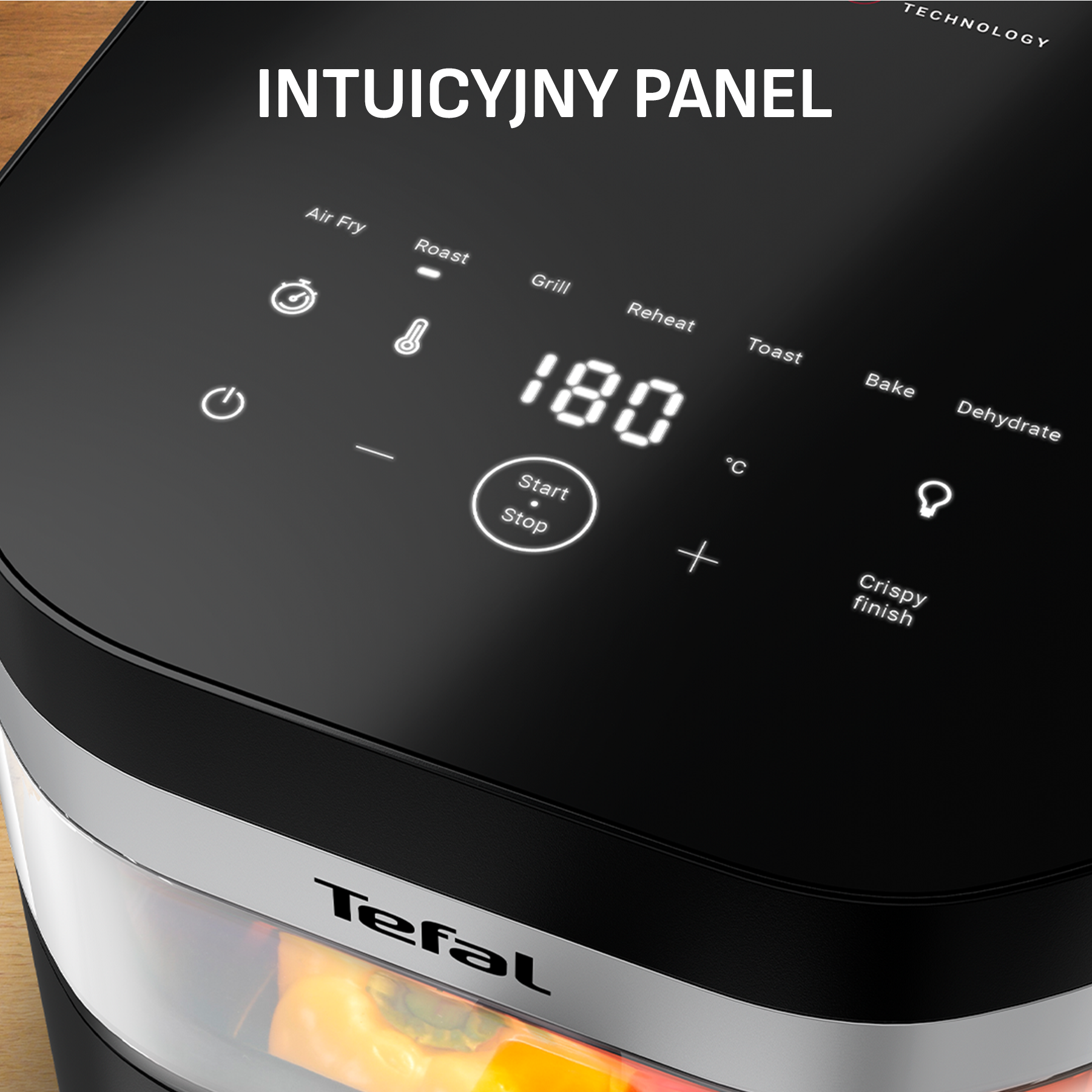 Zbliżenie na cyfrowy panel sterowania frytkownicy Tefal pokazujący 180°C.