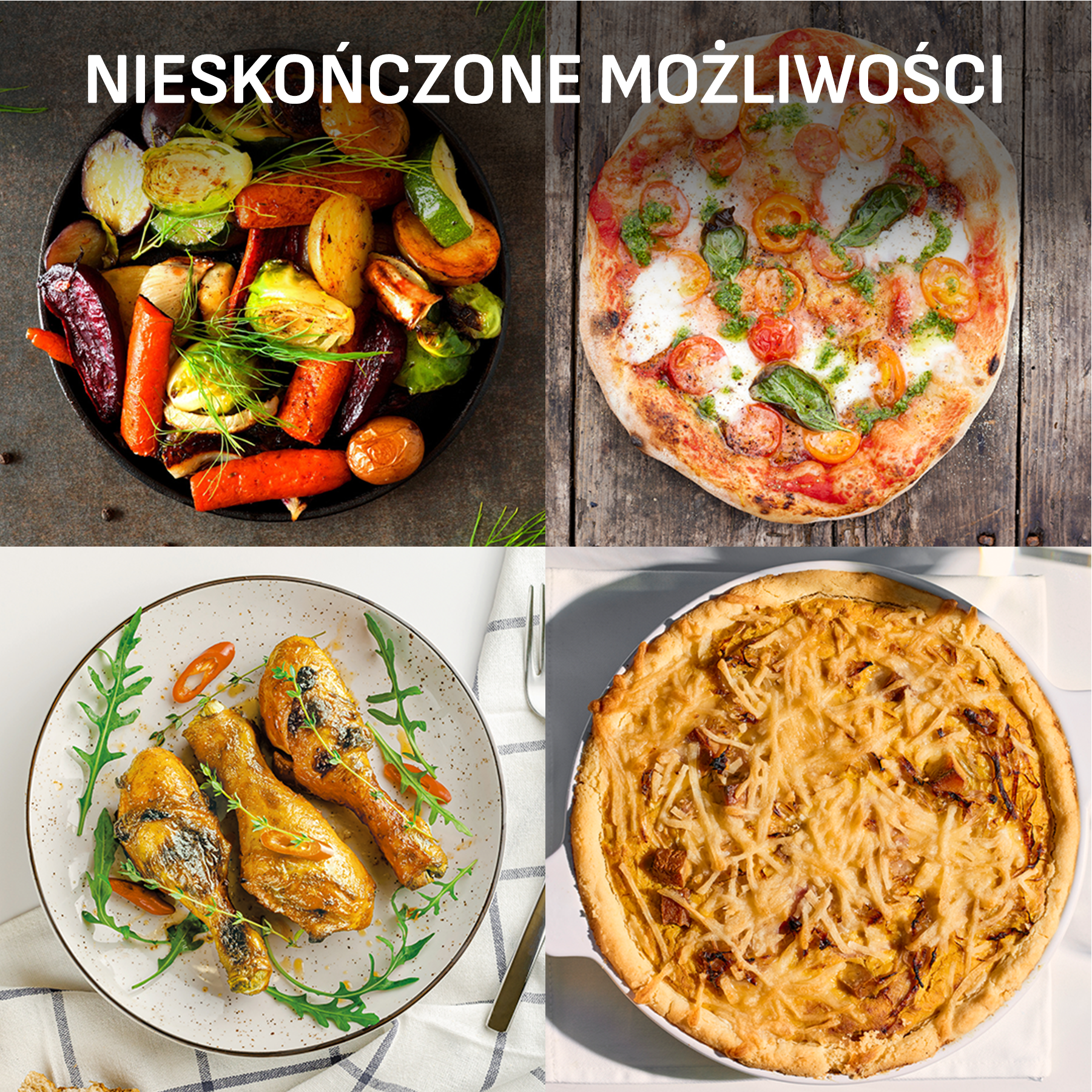 Cztery pyszne dania: pieczone warzywa, pizza, udka z kurczaka i quiche.