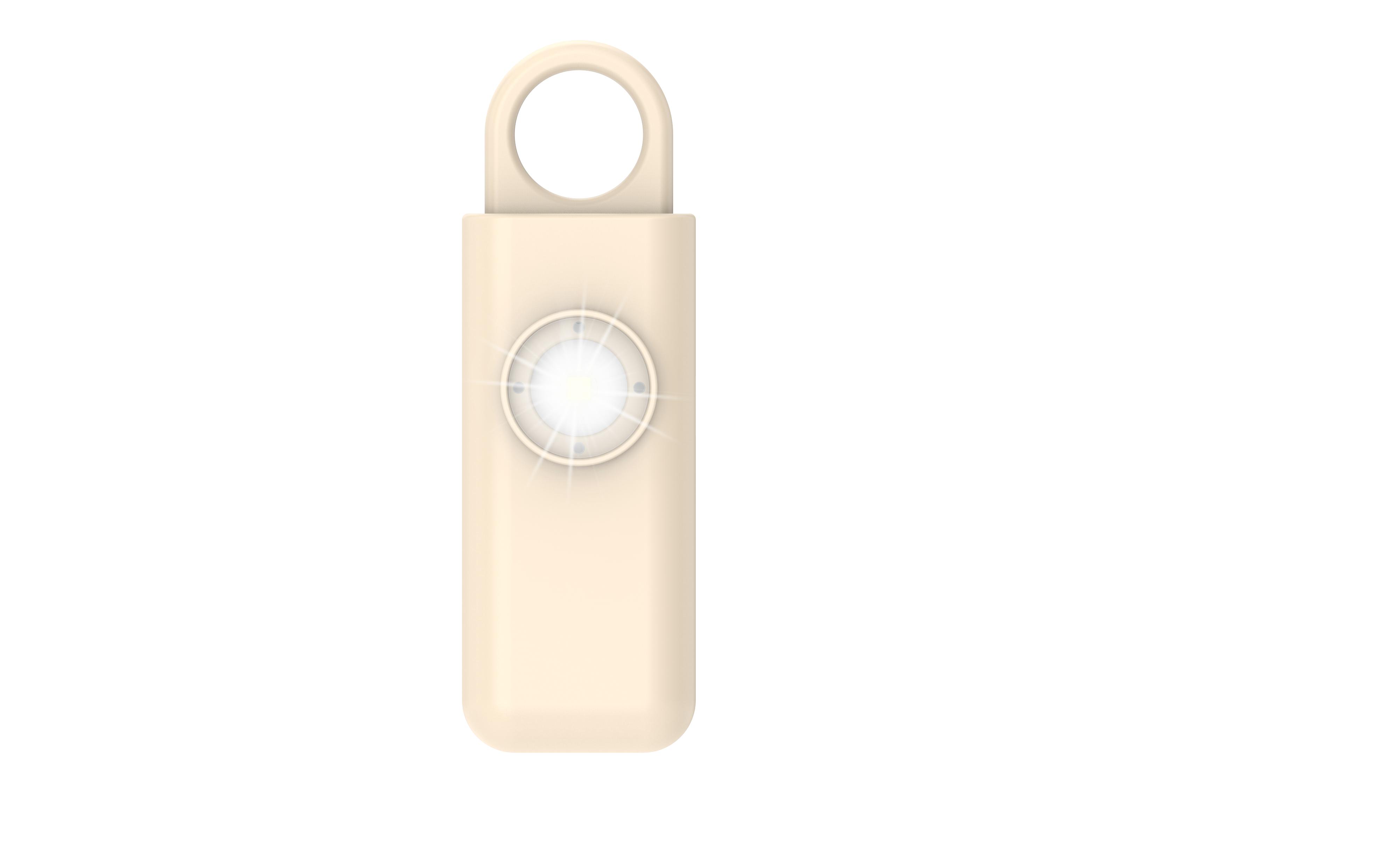 Ein beiger Anhänger mit einem Ring oben und einer leuchtenden LED in der Mitte.