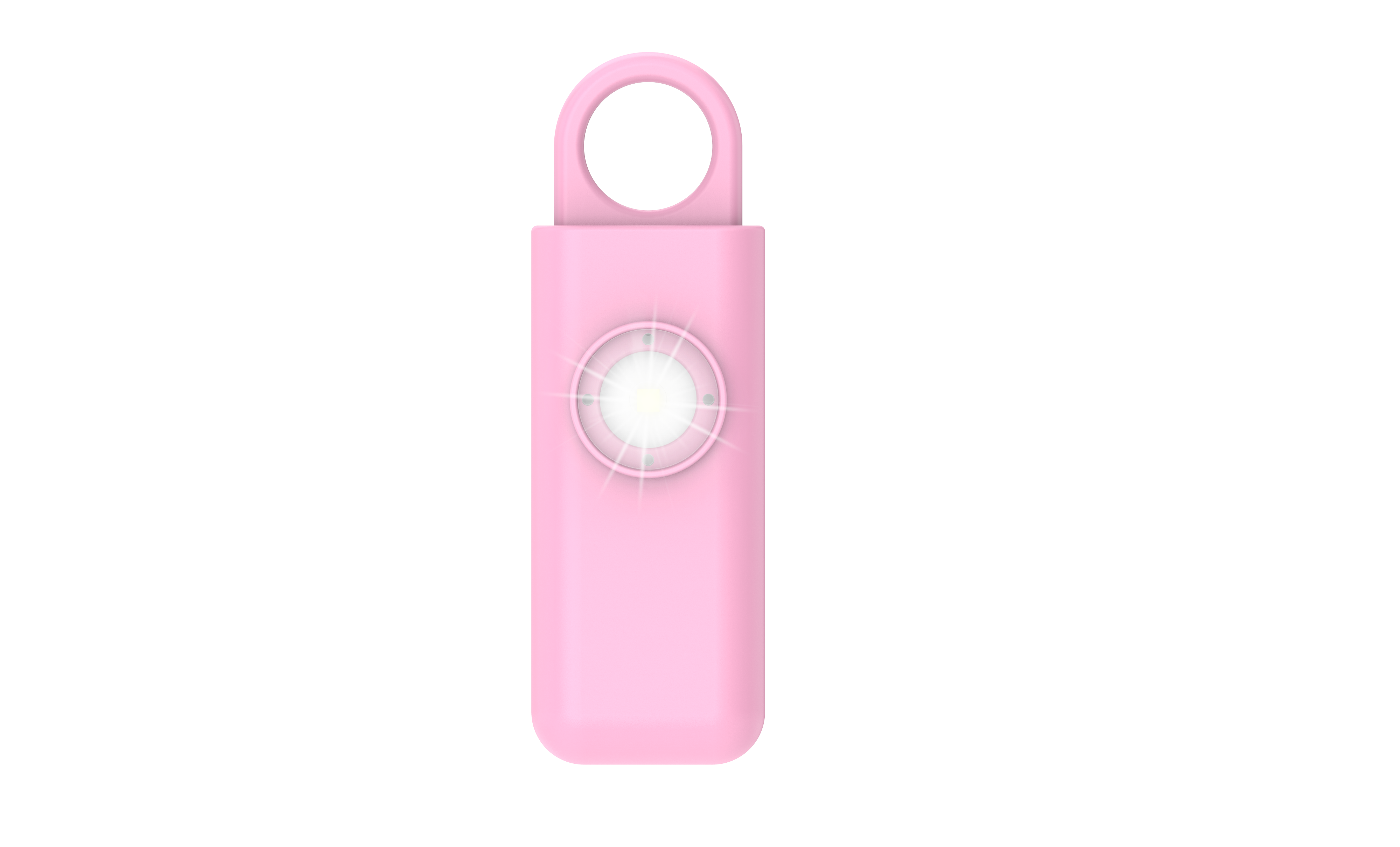 Ein rosafarbener, rechteckiger Anhänger mit einem Ring oben und einem hellen Licht.