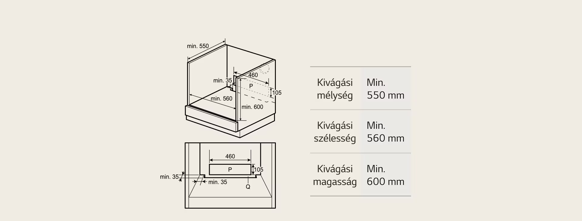 Műszaki rajz kivágási méretekkel: Mélység 550mm, Szélesség 560mm, Magasság 600mm.