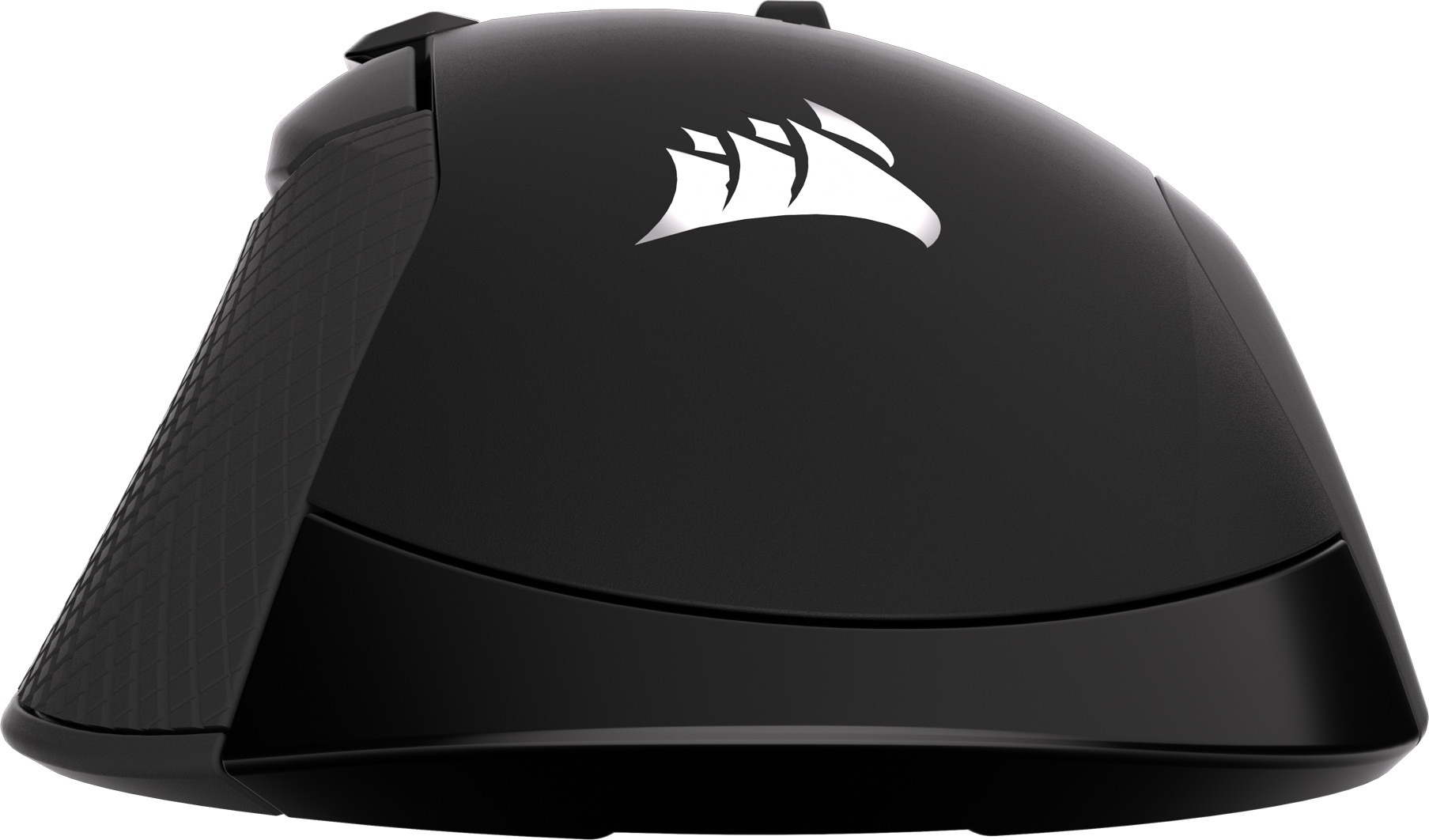 Schwarze Maus mit Corsair-Logo, strukturiertem Griff und glatter Oberfläche.