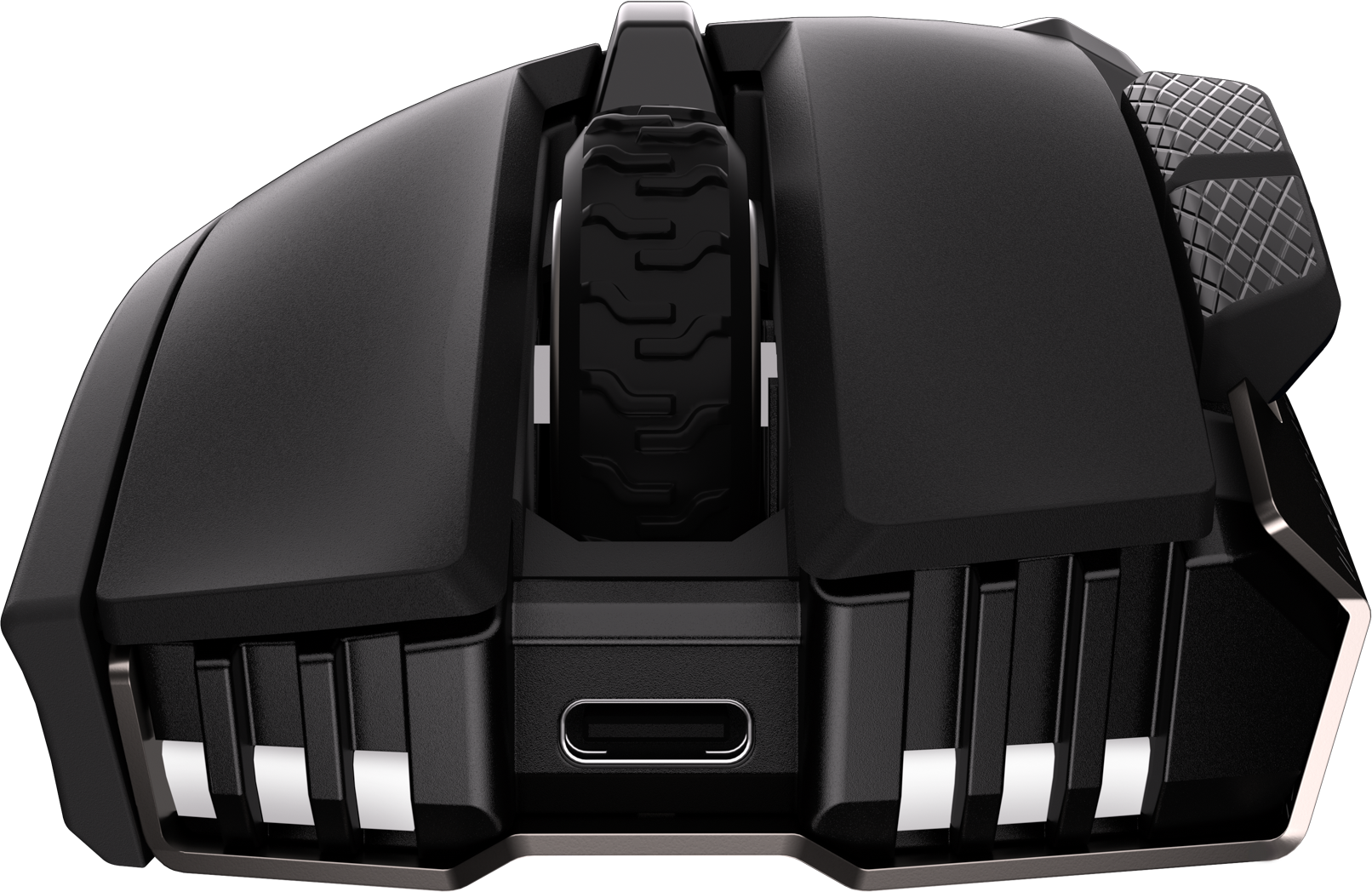 Schwarze Gaming-Maus mit USB-C-Anschluss und gummiertem Mausrad.