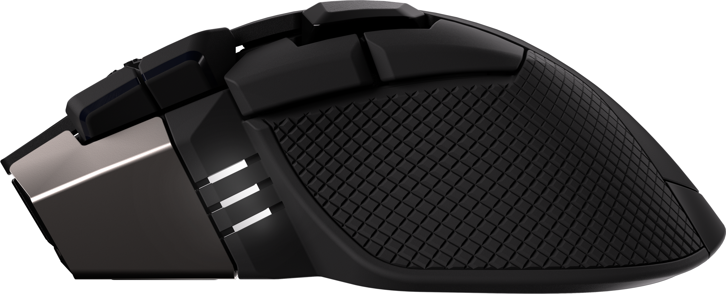 Schwarze Gaming-Maus mit diamantförmiger Textur und silbernen Akzenten.