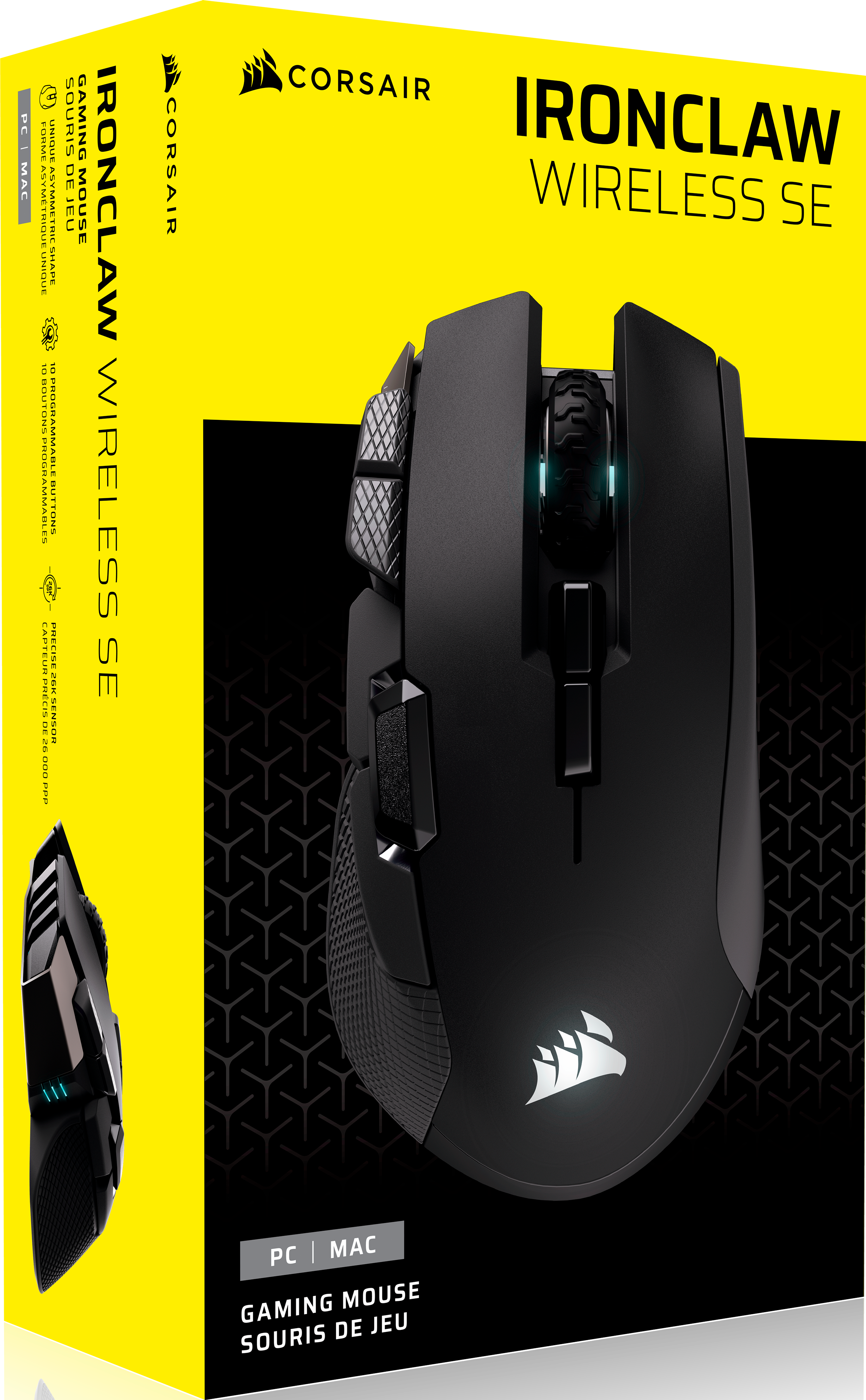 Ein schwarzer kabelloser Gaming-Maus mit dem Corsair-Logo auf gelbem Hintergrund.
