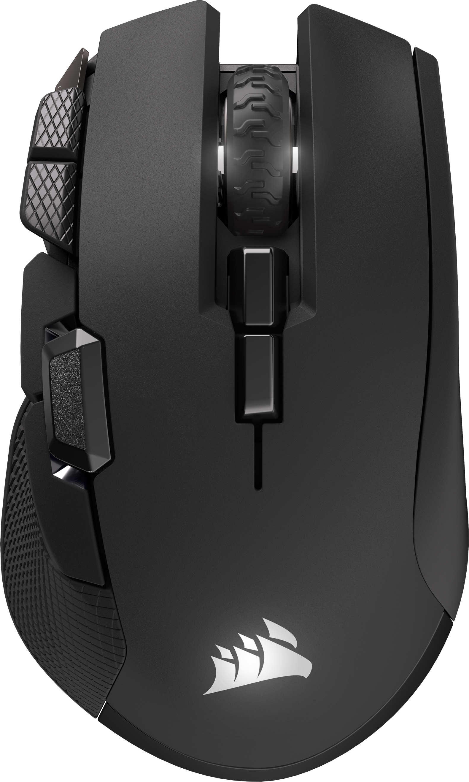 Schwarze Gaming-Maus mit Scrollrad, Tasten und Logo auf schwarzem Hintergrund.