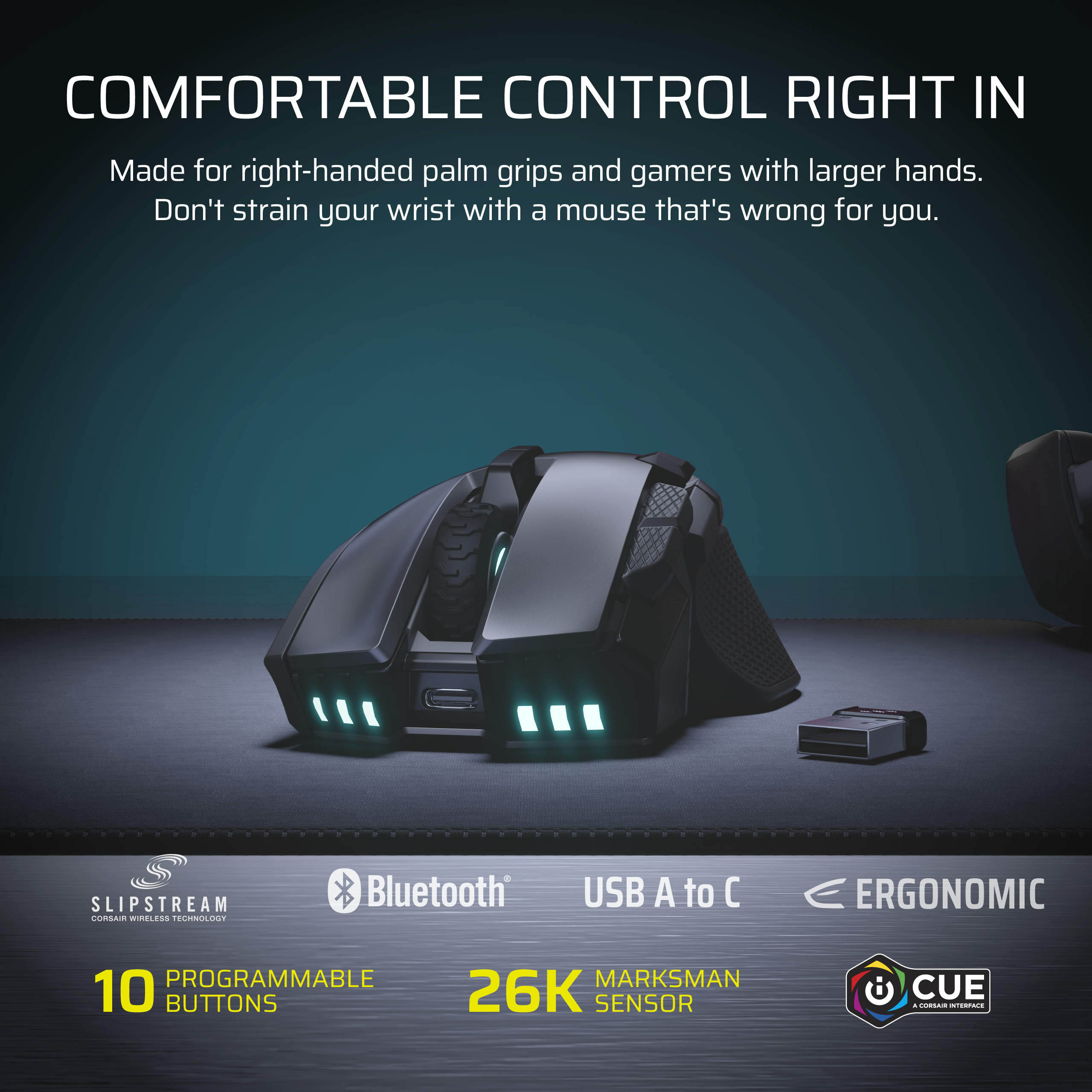 Schwarze Gaming-Maus mit Leuchteffekten, USB-Dongle, Bluetooth und ergonomischem Design.