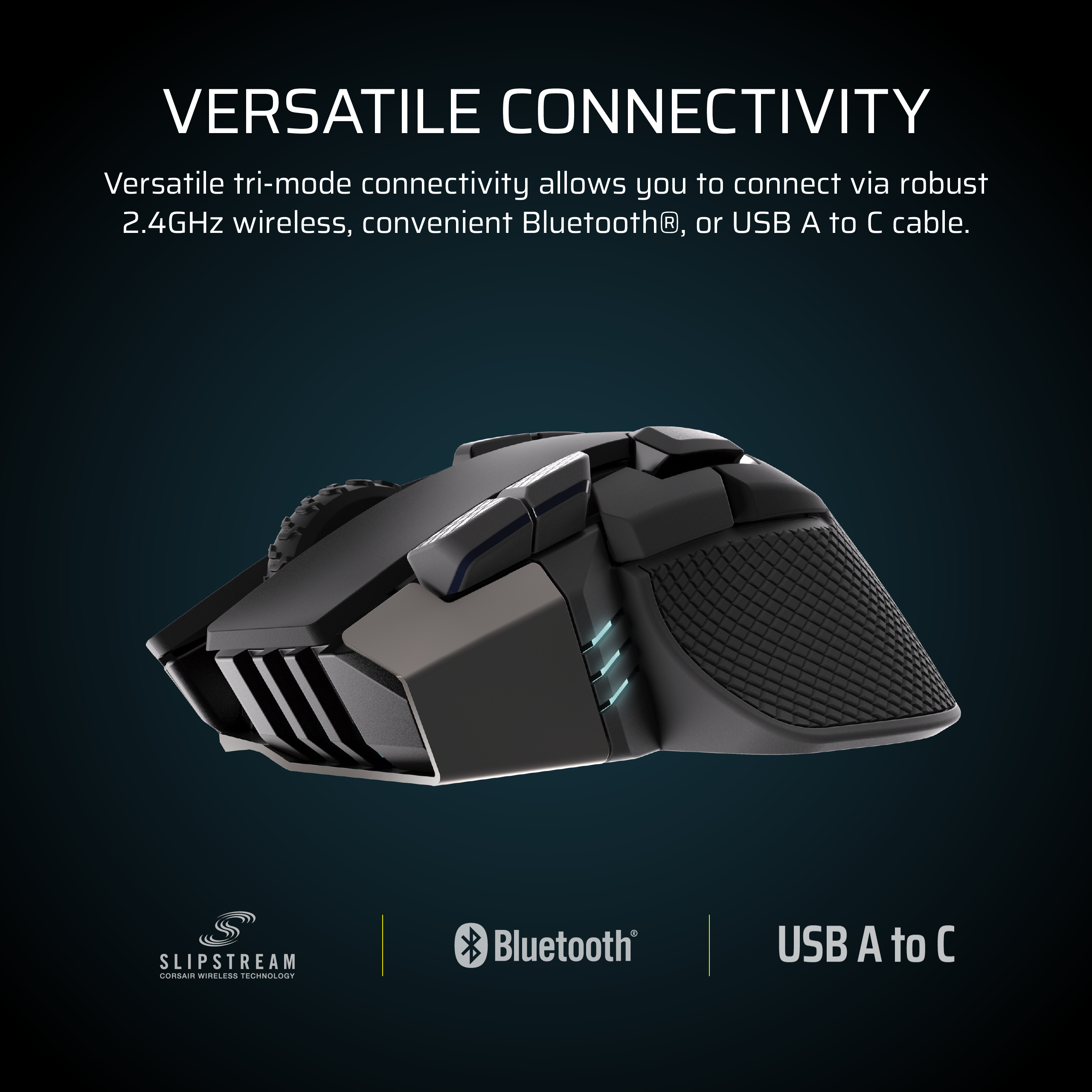 Schwarze Gaming-Maus mit blauen Akzenten, 2,4 GHz, Bluetooth und USB-C.