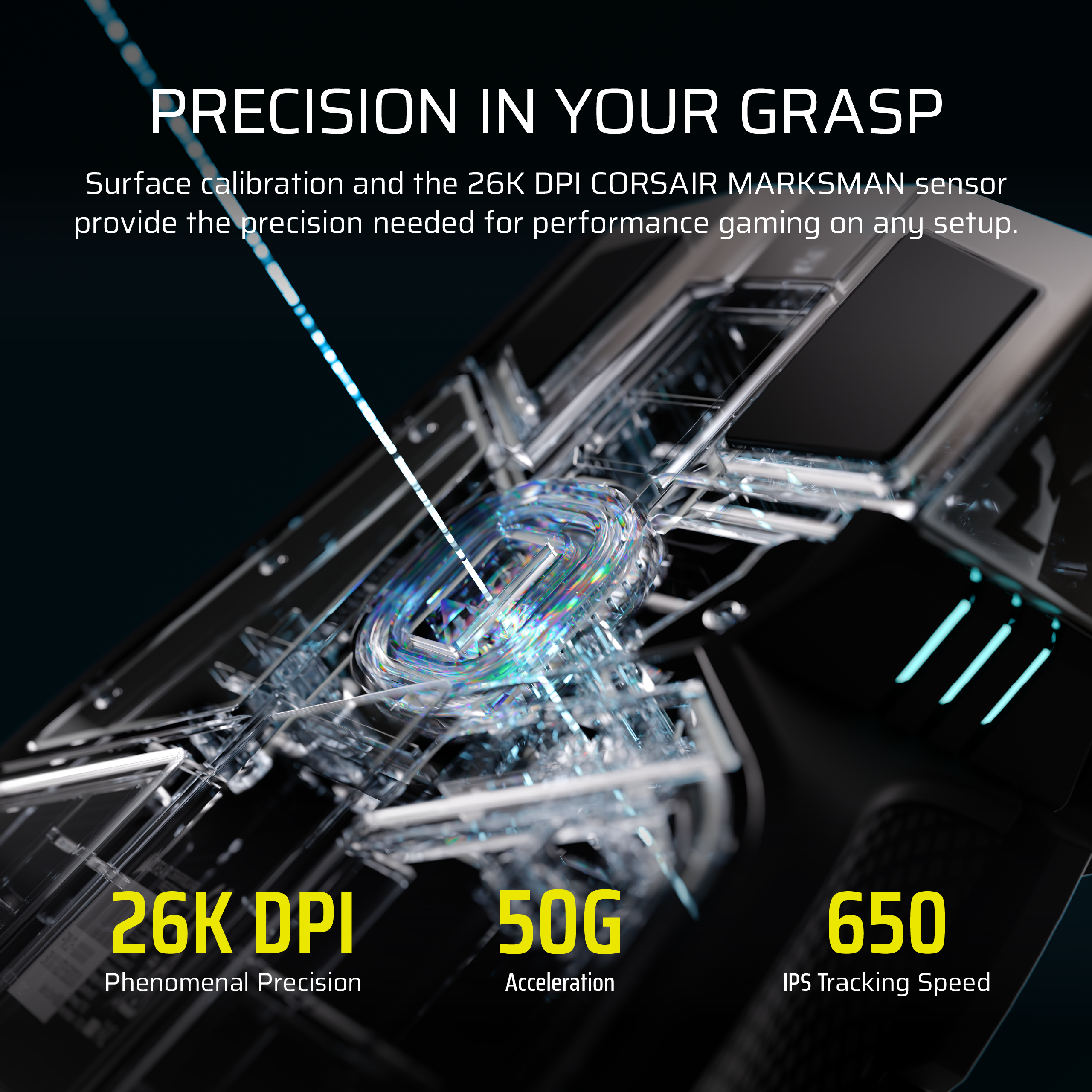 Nahaufnahme einer Maus mit 26K DPI, 50G Beschleunigung und 650 IPS.