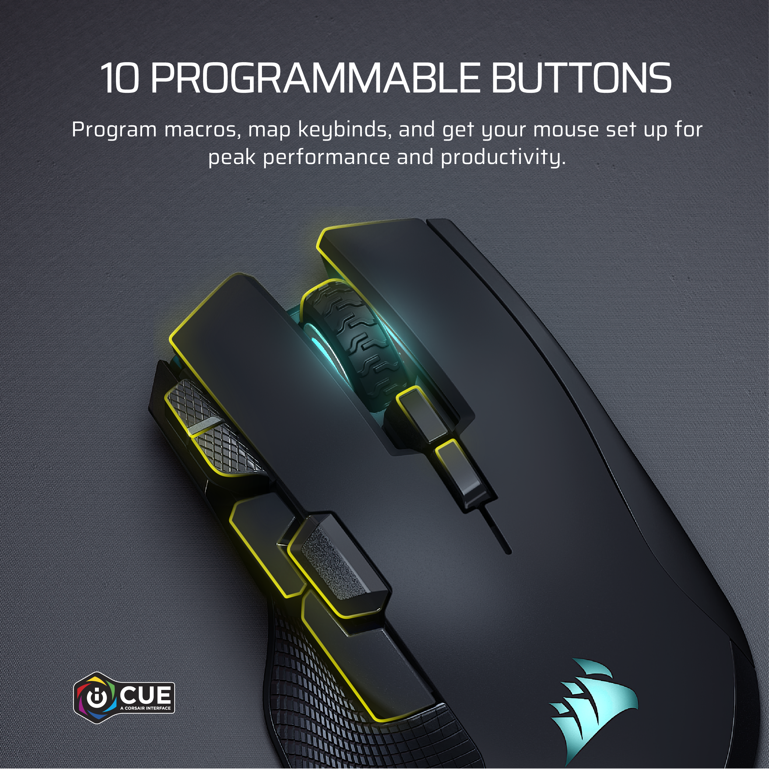 Schwarze Gaming-Maus mit gelben Akzenten und beleuchtetem Scrollrad.