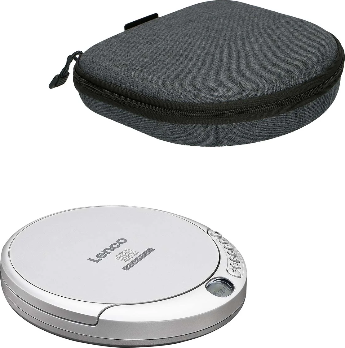 Un lettore CD portatile argentato e una custodia grigia su sfondo bianco.