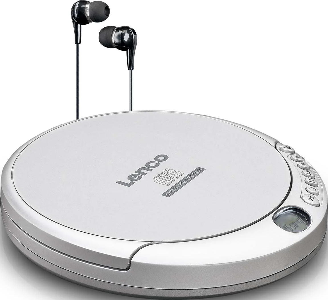 Lettore CD portatile Lenco argentato con auricolari neri in cima.