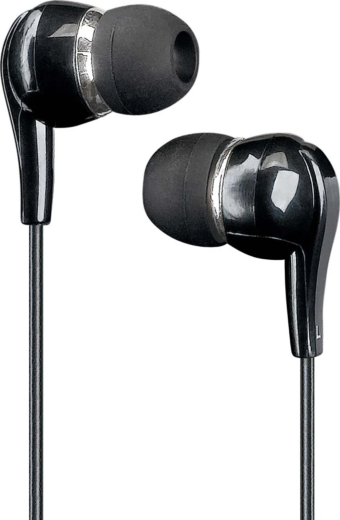 Auricolari in-ear neri con gommini neri e accenti argentati.