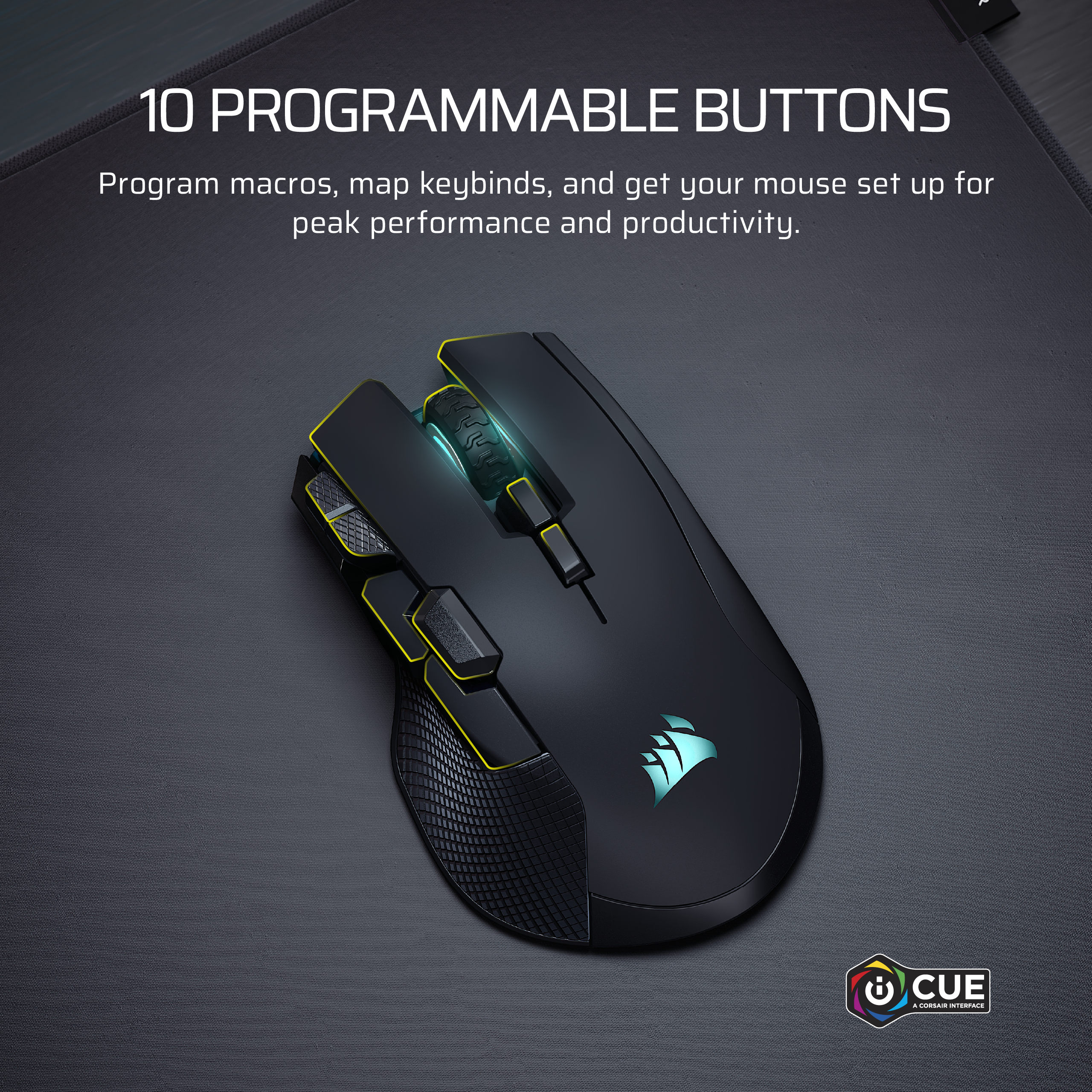 Schwarze Gaming-Maus mit gelben Akzenten, beleuchtetem Rad und Logo auf einer Matte.